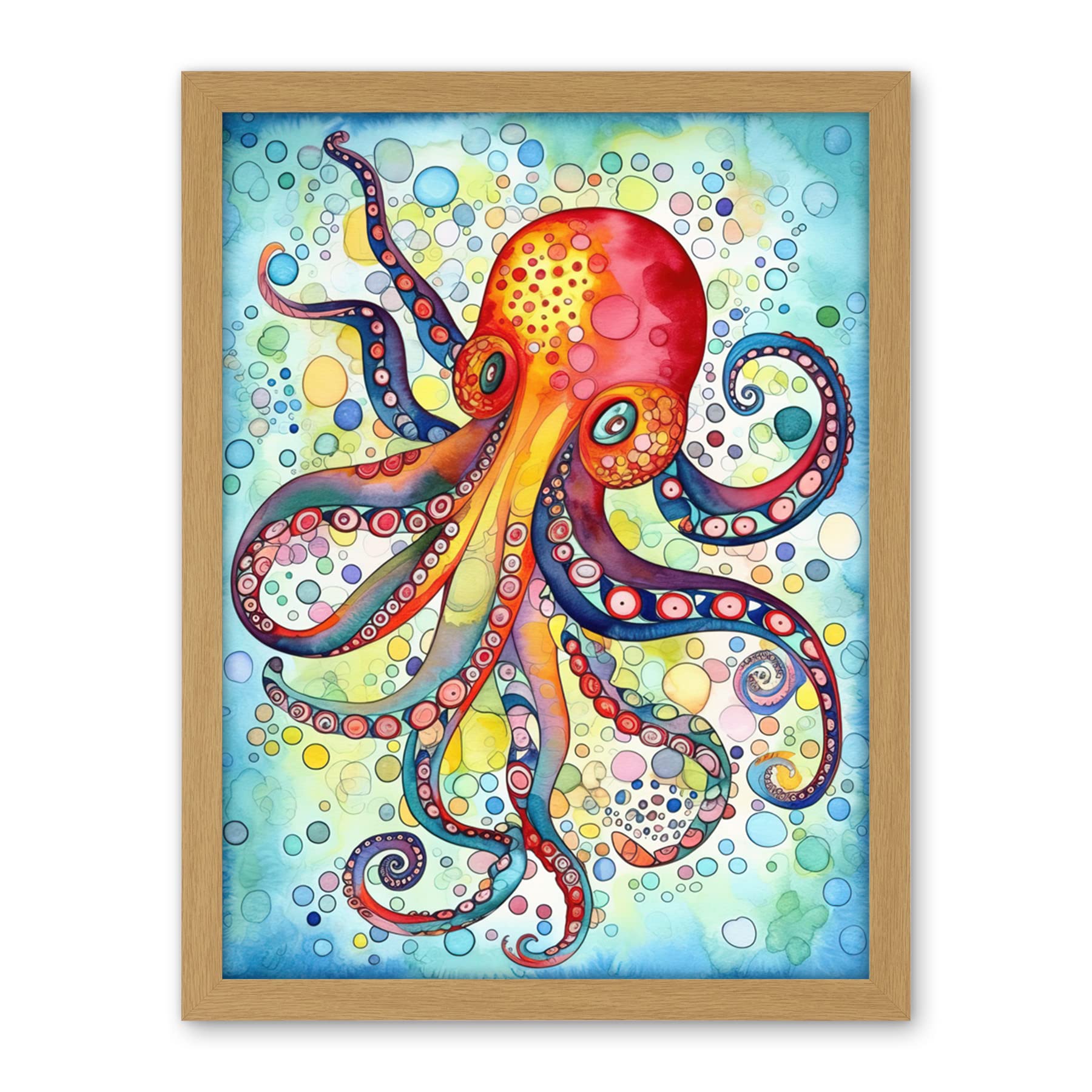 Artery8 Octopus Swimming In Air Bubbles Folk Art Watercolour Painting Artwork Framed Wall Art Print 18X24 Inch