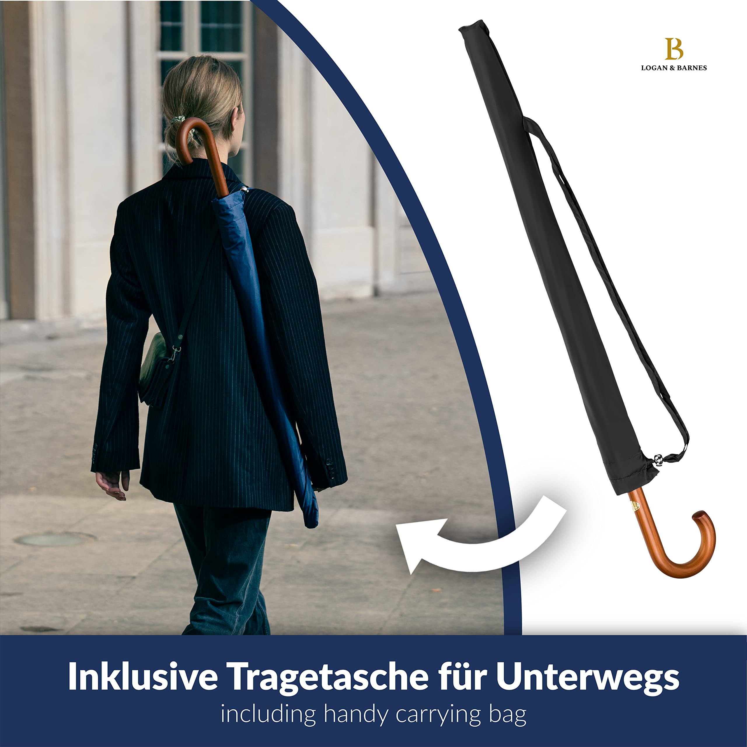 LOGAN & BARNES Stockschirm Sturmfest Ø120cm Echtholzgriff Gummispitze XXL Regenschirm 16 Streben Modell EDINBURGH