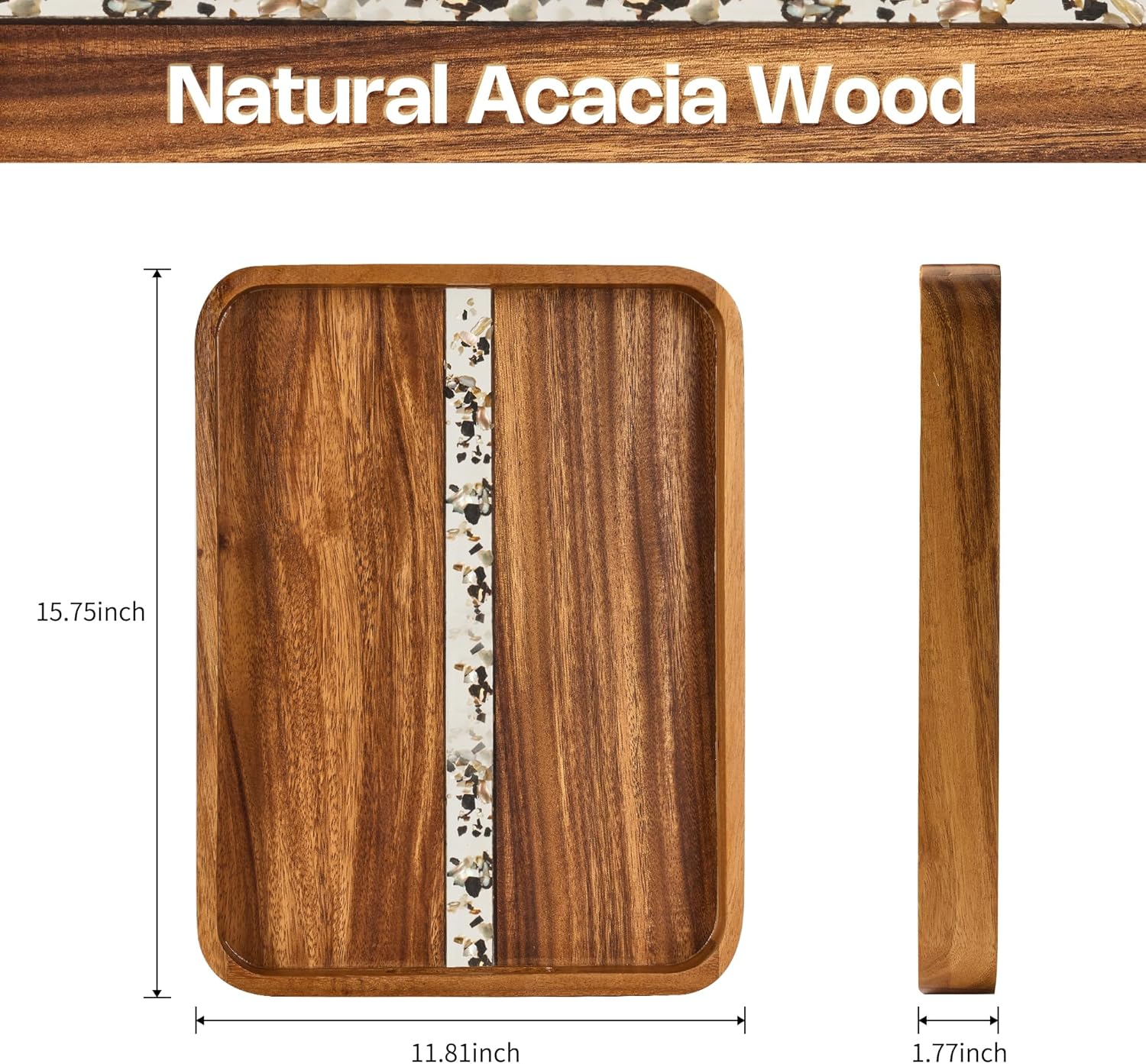 Acacia Wood Serving Tray with Handles - Rectangular Decorative Ottoman Tray for Living Room, Breakfast in Bed, Coffee Table Tray for Decor, Desktop Organizer, 16"x12" - Image 2