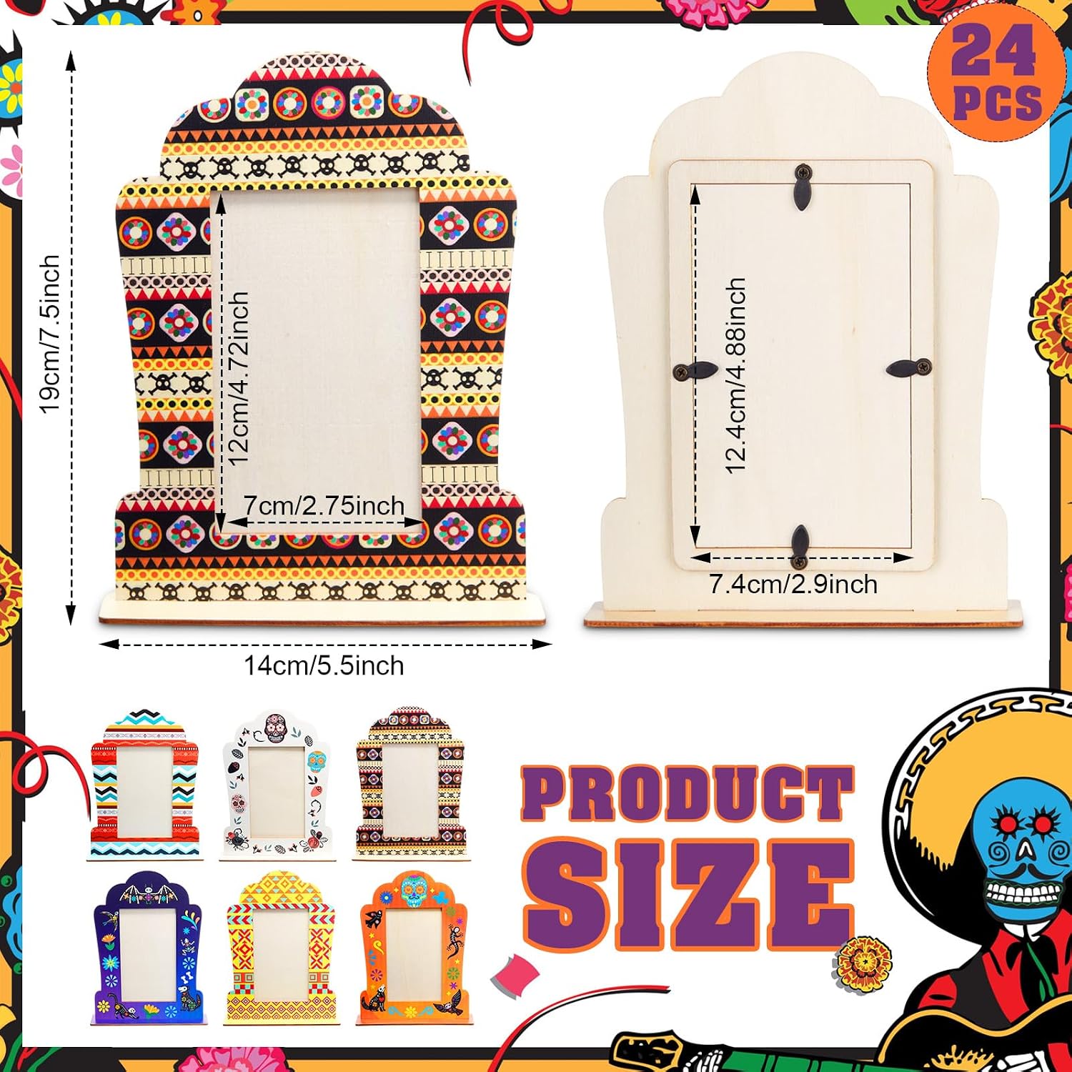 Weysat 24 Sets Day of The Dead Wooden Photo Frames Altar Kit, 2.7x4.7inches