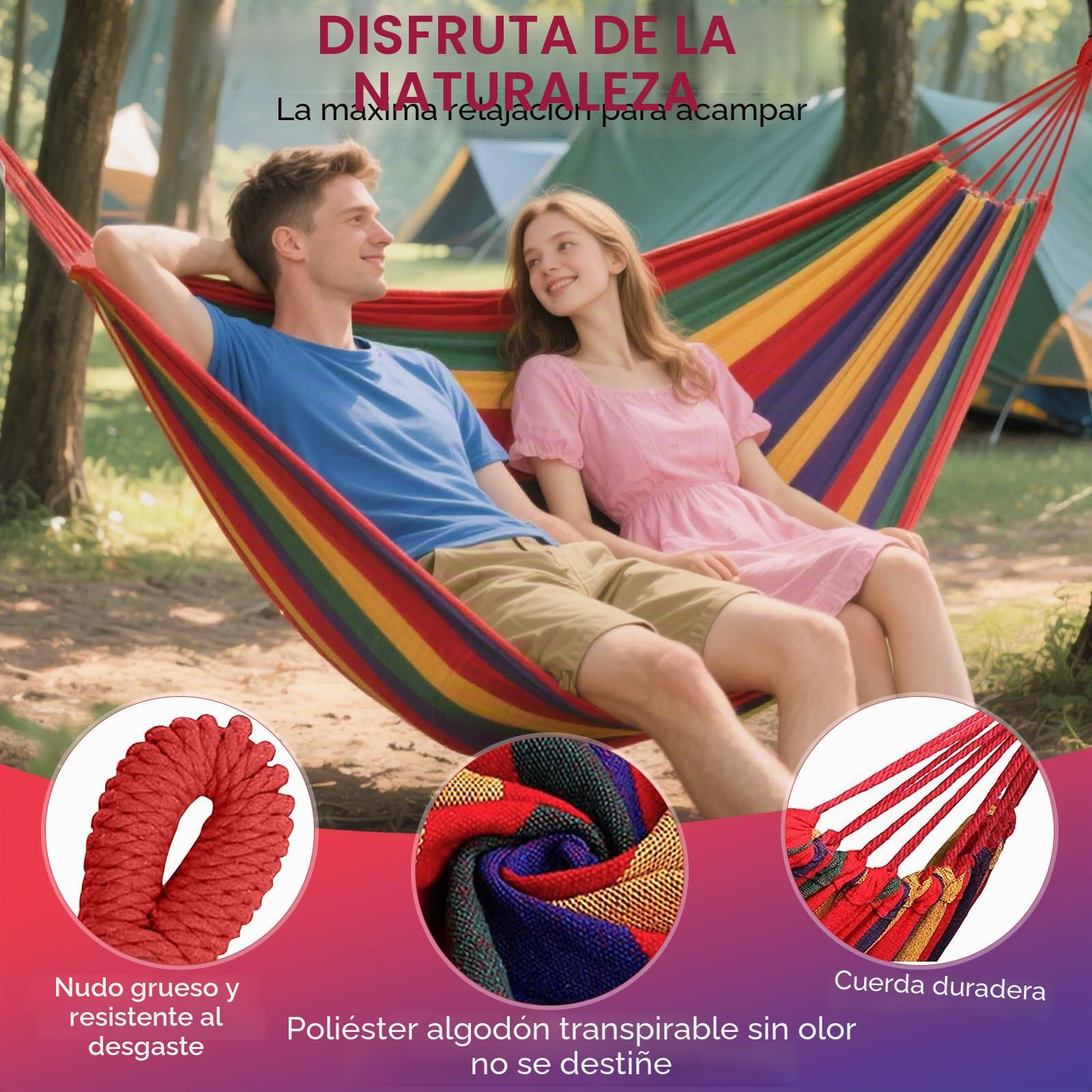 Hamaca de Camping Exterior, Hamaca Doble 200x150cm, Capacidad de Carga 250 kg, con Bolsa de Almacenamiento, Cintas de Nylon y Mosquetones, para Camping, Jardín, Playa, Interior, Balcón, Viaje
