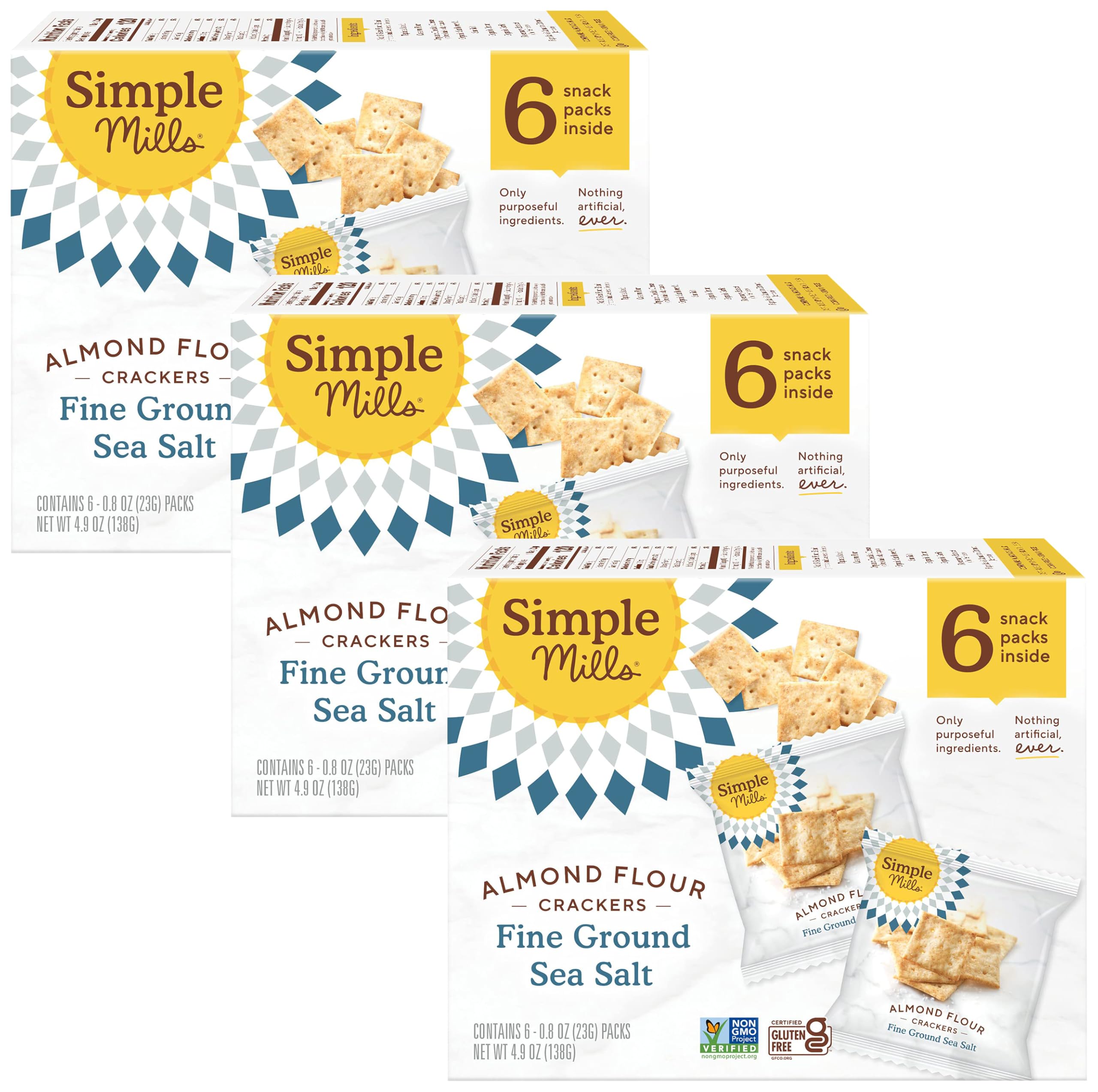 Simple Mills Almond Flour Crackers, Fine Ground Sea Salt Snack Packs - Gluten Free, Vegan, Healthy Snacks, 4.9 Ounce (Pack of 3)