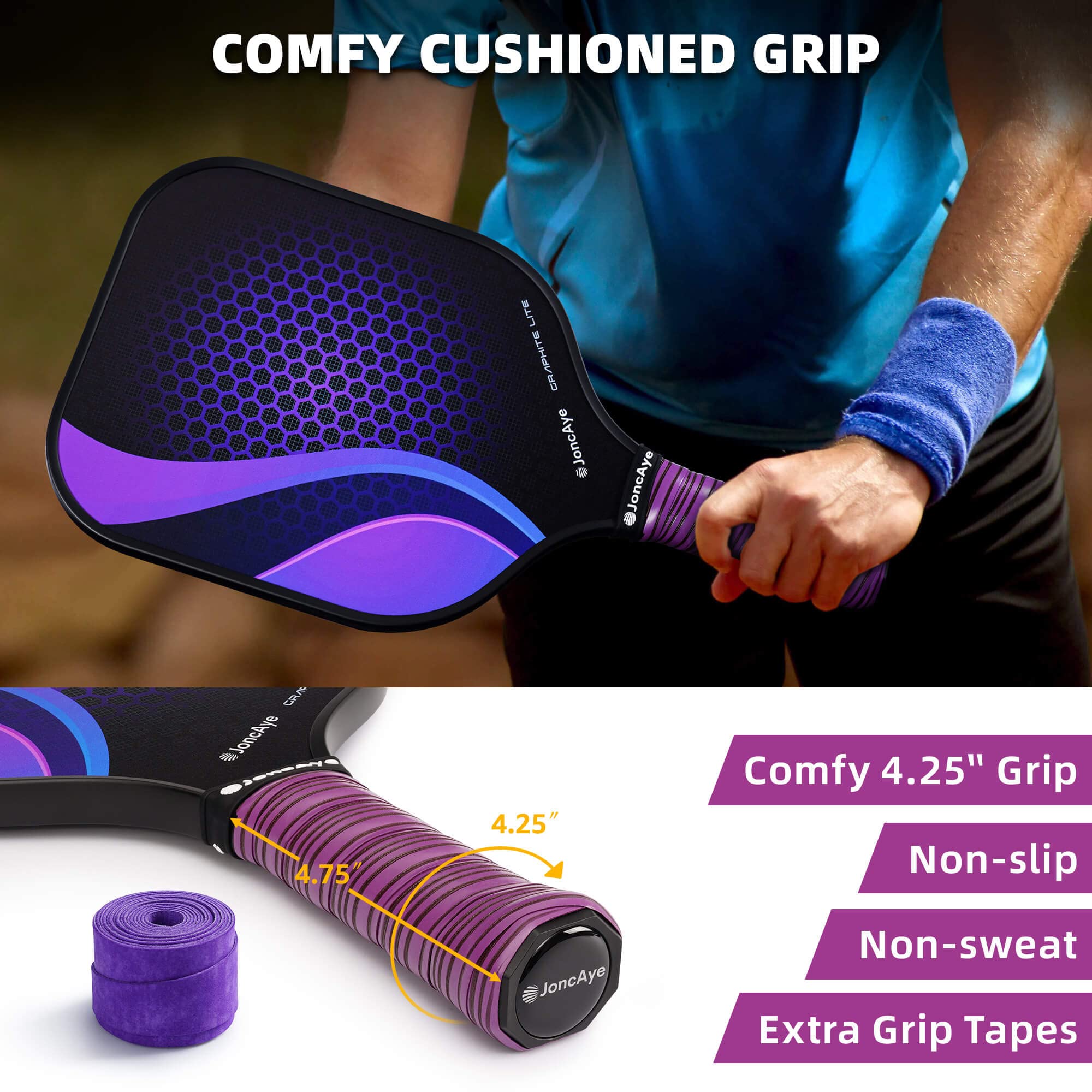 JoncAye Graphite-Pickleball-Paddles-Set, 2 Pickleball-Rackets, 1 Carry Bag, 4 Indoor Outdoor Balls, 1 Mesh Ball Bag, 2 Over-Grips, Pickle-Ball-Raquette-Set of 2, Blue, Purple | Pickleball Gifts