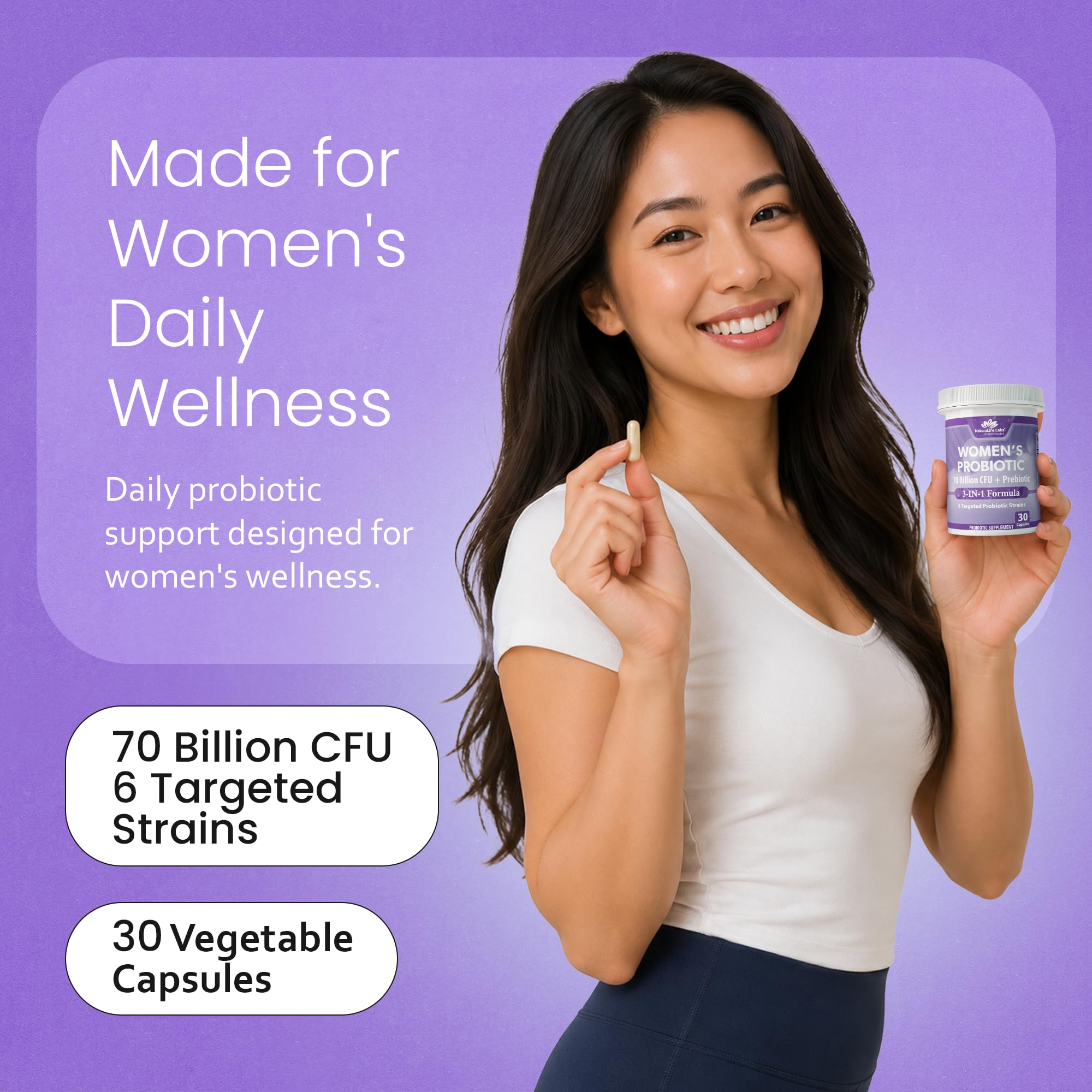 NaturaLife Labs Women's Probiotic 70 Billion CFU with Prebiotic Fiber - 3-in-1 - Supports PH Balance & Digestive Health - 6 Targeted Strains - Delayed Release - Shelf Stable - 30 Capsules — Amazon image 5