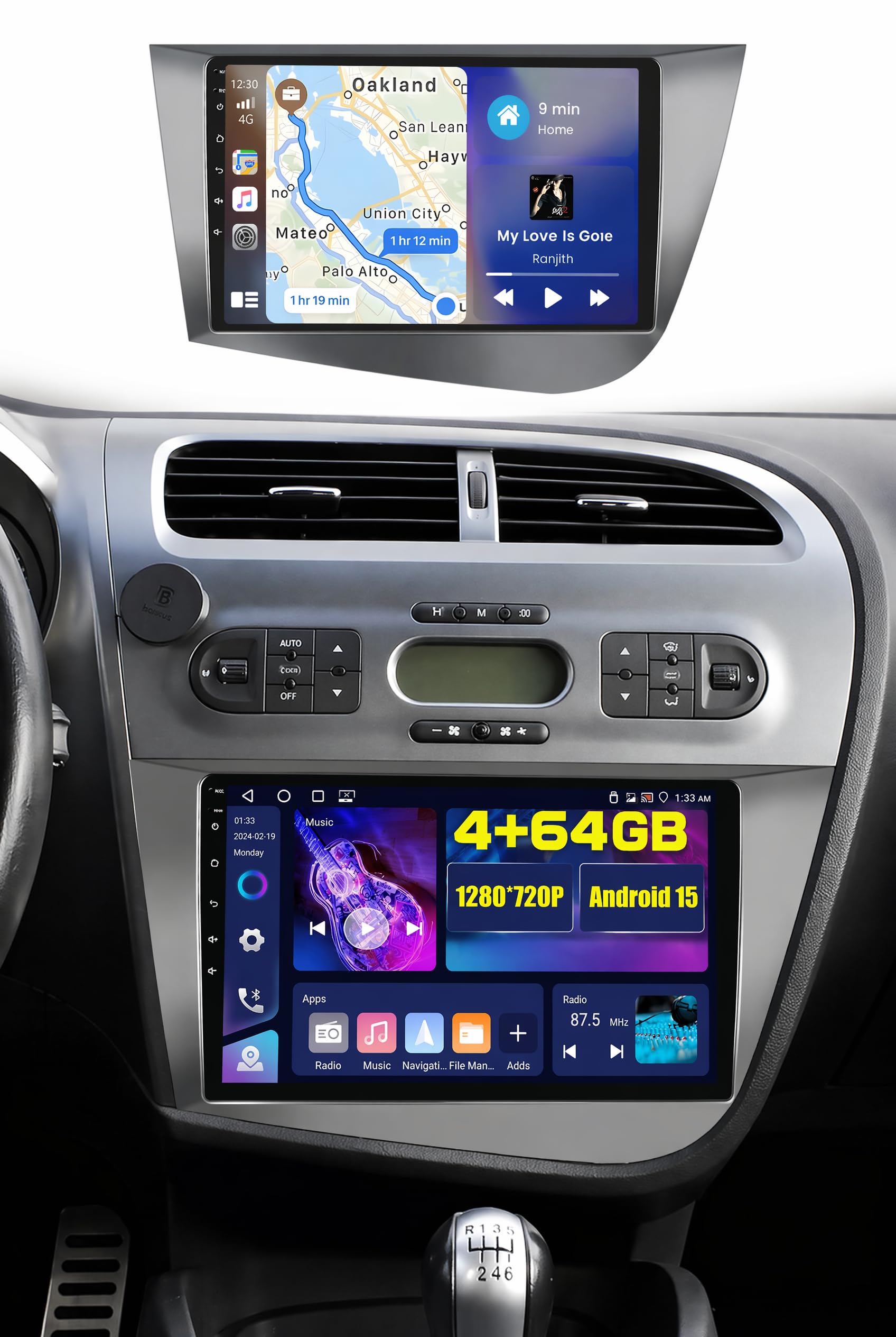 Hikity 4+64G 9" Autoradio Android pour Seat Leon 2005-2012 Wireless Carplay | IPS Écran Tactile Carplay Autoradio 2 DIN GPS Navi Bluetooth 5.0 5G WiFi FM/RDS Caméra de Recul EQ Commandes au Volant 4+64G