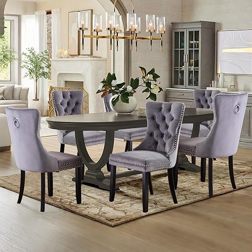 Miniatura 83 de Juego de 6 Sillas de Comedor Tapizadas en Terciopelo, Sillas Laterales de Cocina de Estilo Moderno con Ribete de Tachuelas y Patas de Madera, Anillo