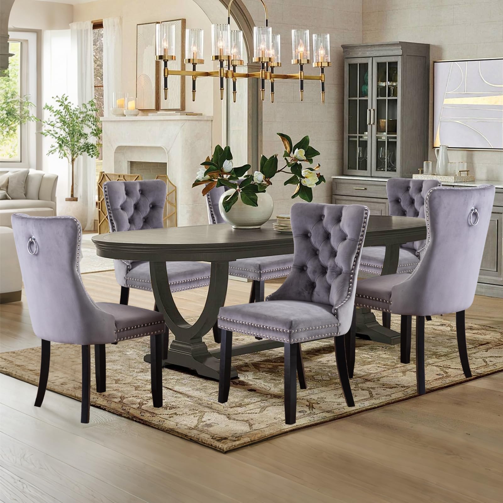 SoarTalent Velvet Upholstered Dining Chairs Set of 6, Modern Style Kitchen Side Chairs with Nailhead Trim and Wood Legs,Metal Pulling Ring for Dining