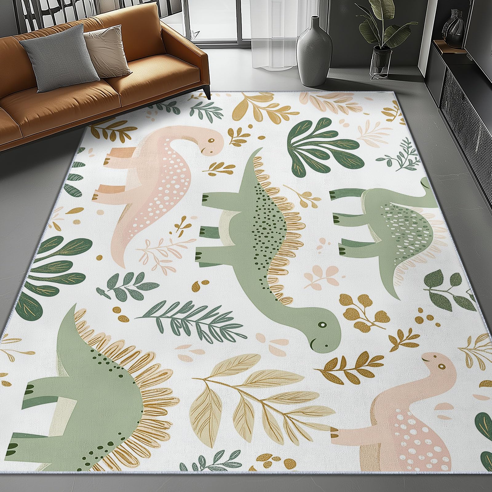Teppich Bunt Dekor Teppich Kinder Wohnzimmer Teppiche 60 x 120 cm Indoor Bodenmatte Üppiges Laub süß Dinosaurier Kurzfloriger, moderner maschinenwaschbarer Rutschfester Heimteppich