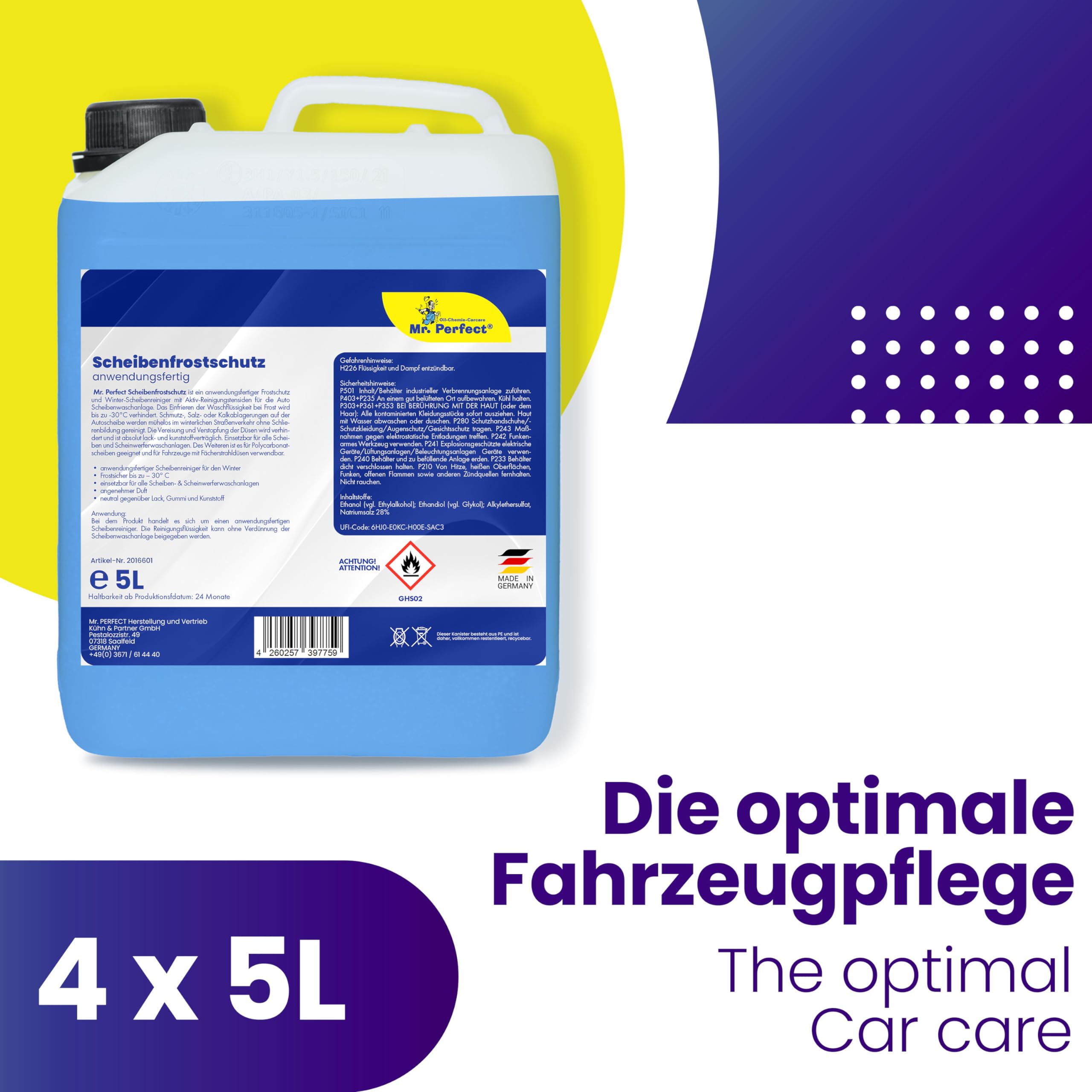 Mr. Perfect® Frostschutzmittel - Windschutzscheiben - 4x5L – Auto - Citrusduft - Scheibenwaschanlage bis -30°C - schlierenfrei - sofort mischbereit - Winter Scheibenwischwasser