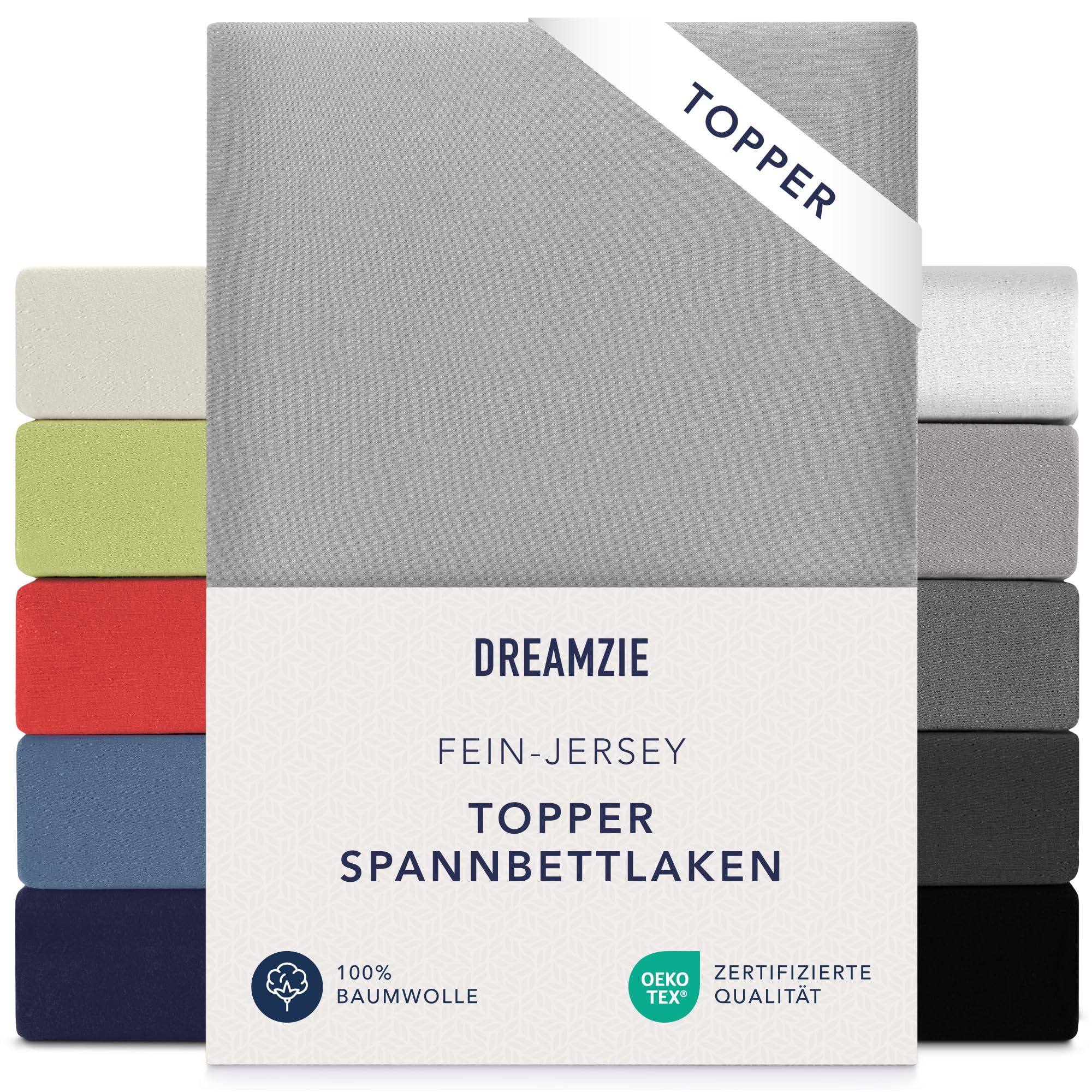 Dreamzie Premium Topper Spannbettlaken 90x200 cm - 100x200 cm - extra niedriger Seitenhöhe - für Topper - Topperauflage - Spannbetttuch Jersey Baumwolle, 150 g/m² - Oeko-TEX - Grau