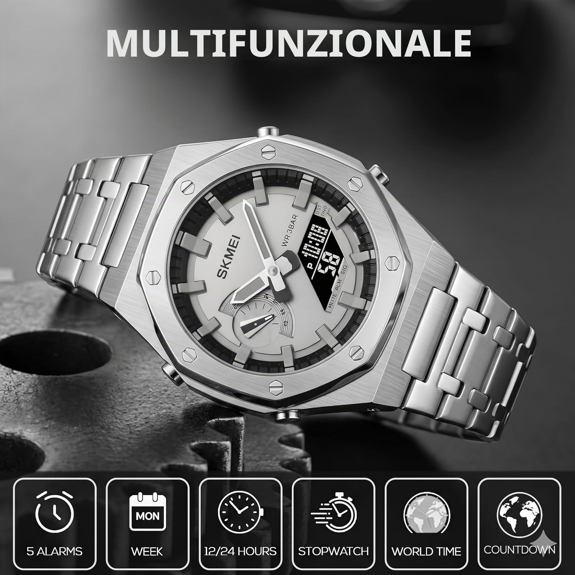 SKMEI Orologio da uomo elettronico a doppio display con luminoso, impermeabile fino a 50 m, orologio sportivo alla moda, multifunzione, 1816