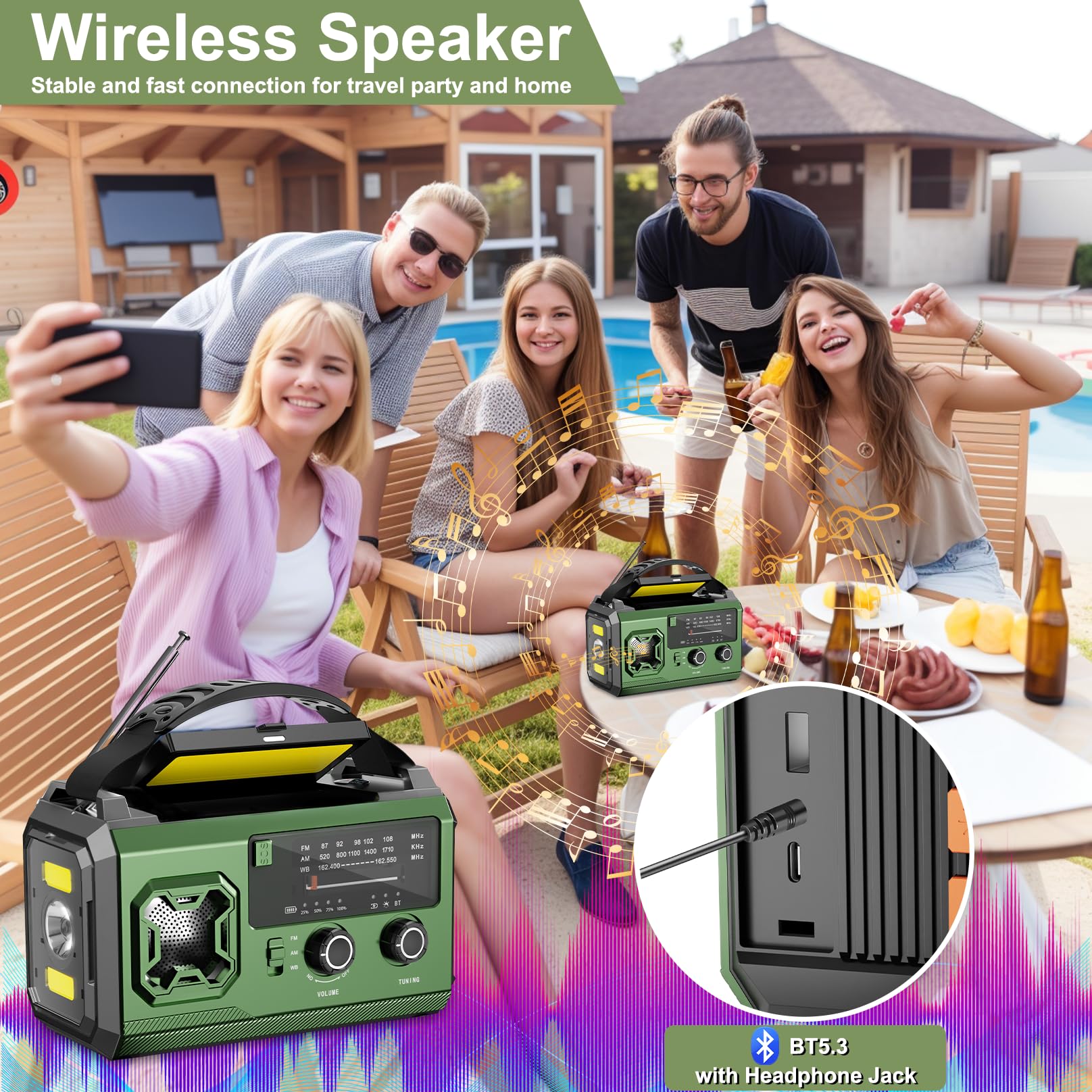 Radio Solar de Emergencia con Manivela, 27000mAh FM/Am Emergency Radio Portatil de Dinamo con Linterna LED, Luz de Lectura y SOS Alarma USB de Camping al Aire Libre (Verde Militar)