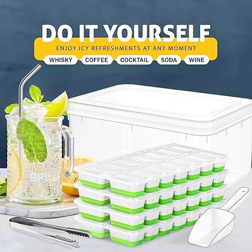 Miniatura 5 de CKE - Bandeja para cubitos de hielo con tapa y contenedor (paquete de 4, rojo) bandejas de hielo de plástico de silicona para congelador, bandejas