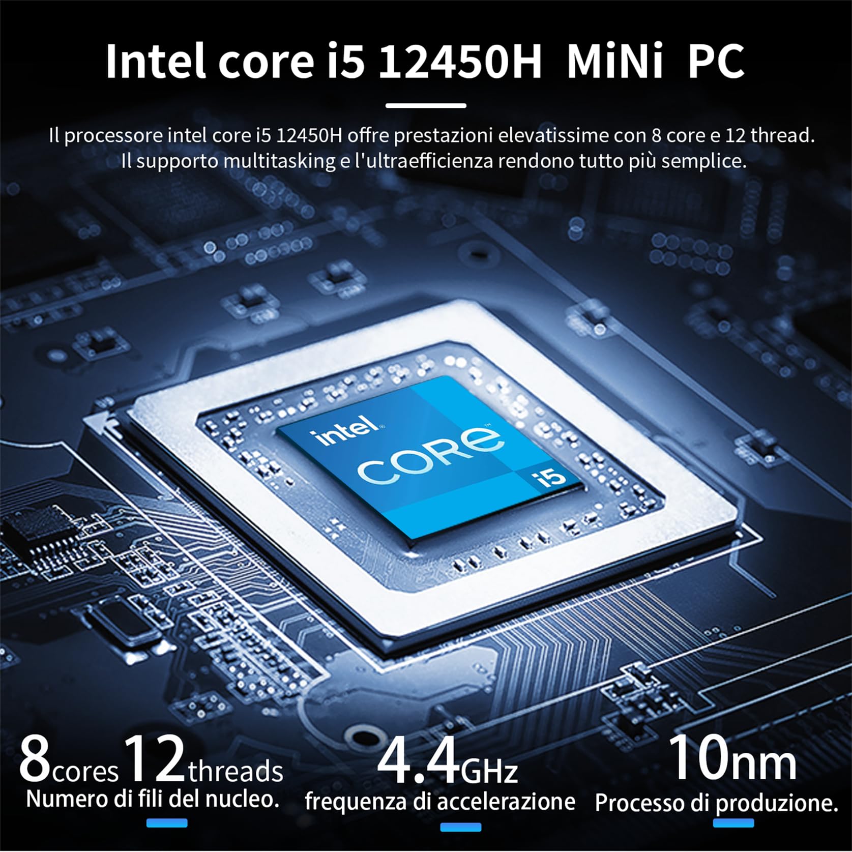 AskHand Mini PC Core i5 12450H 4.40GHz 8C/12T, 16GB DDR4 RAM 512GB NVME SSD, Windows 11 Pro,WiFi,BT5.2,LAN 1000M,USB*4,HDMI*2,USB-C,Display triplo 4K@60Hz