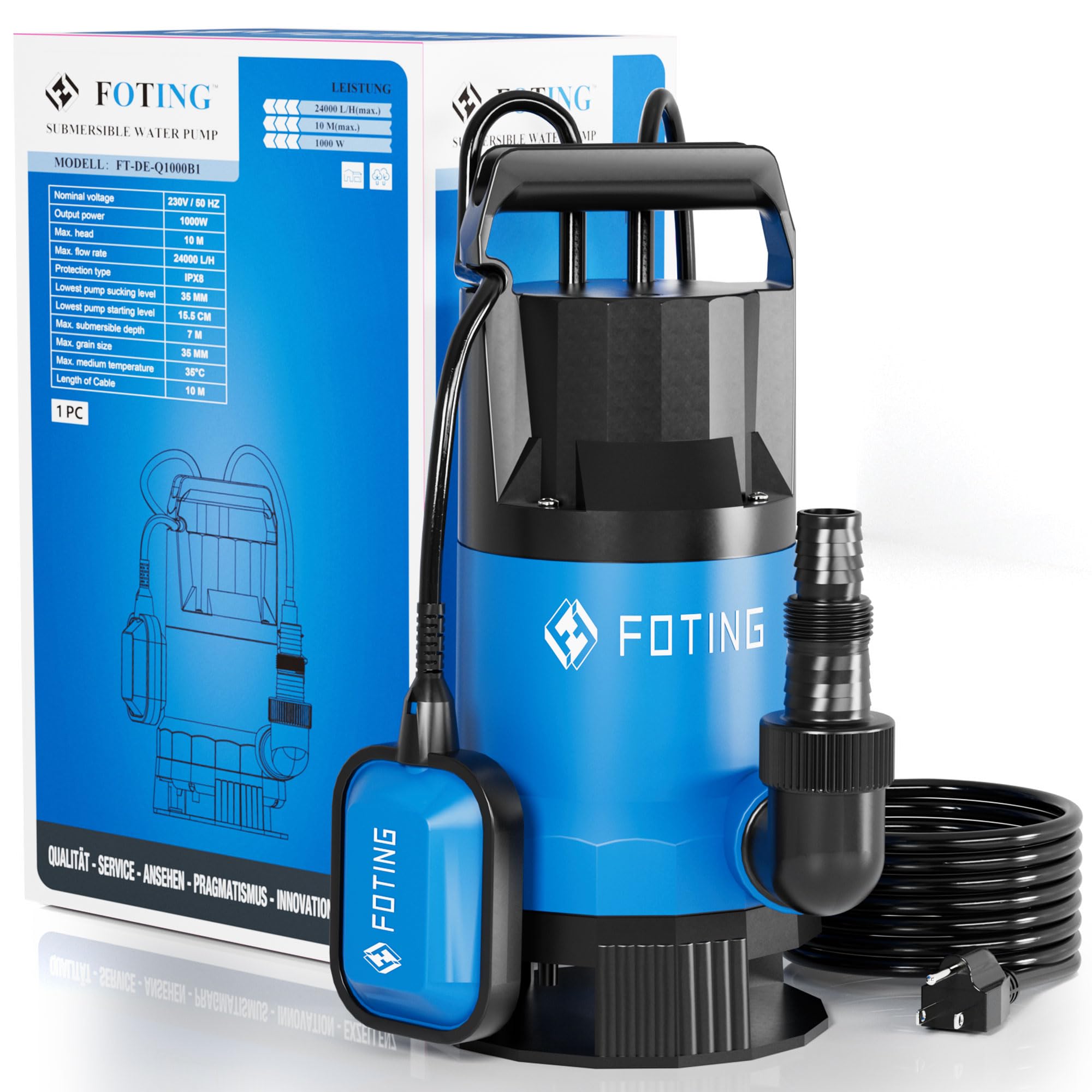 FOTING Bomba de aguas sucias 1000W, capacidad de 17.600 l/h, Altura máxima de suministro 11 m, inmersión máx. 7 m, interruptor de flotador, cuerpos extraños hasta 35 mm, para uso intensivo y obras