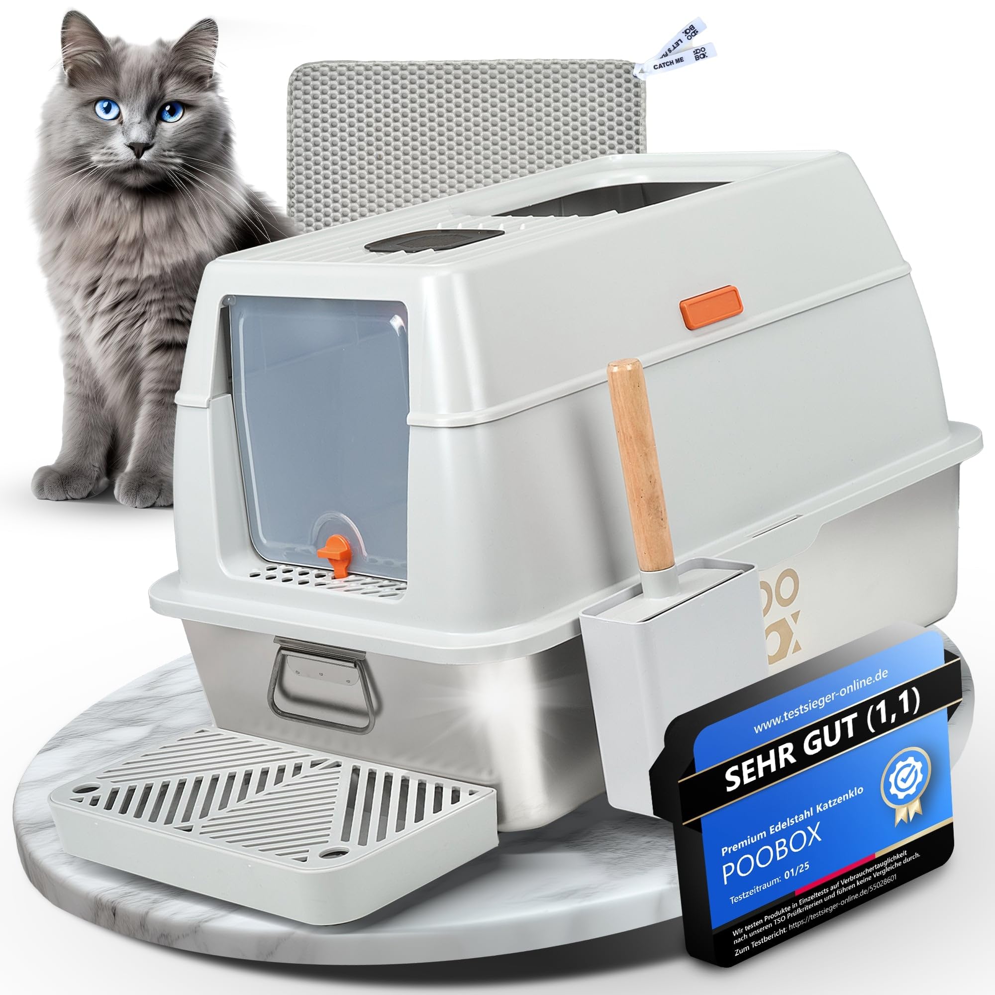 POOBOX® Stainless Steel Cat Litter Tray with Lid Leak-Proof 3-in-1 Cat Litter Tray Closed Open Includes Odour Filter Shovel Mat & Step Stainless Steel Cat Litter Box Stainless Steel Cat Litter Box
