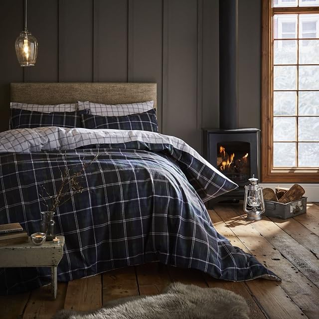 Catherine Lansfield Brushed Cotton Tartan Check Single Duvet Set Navy