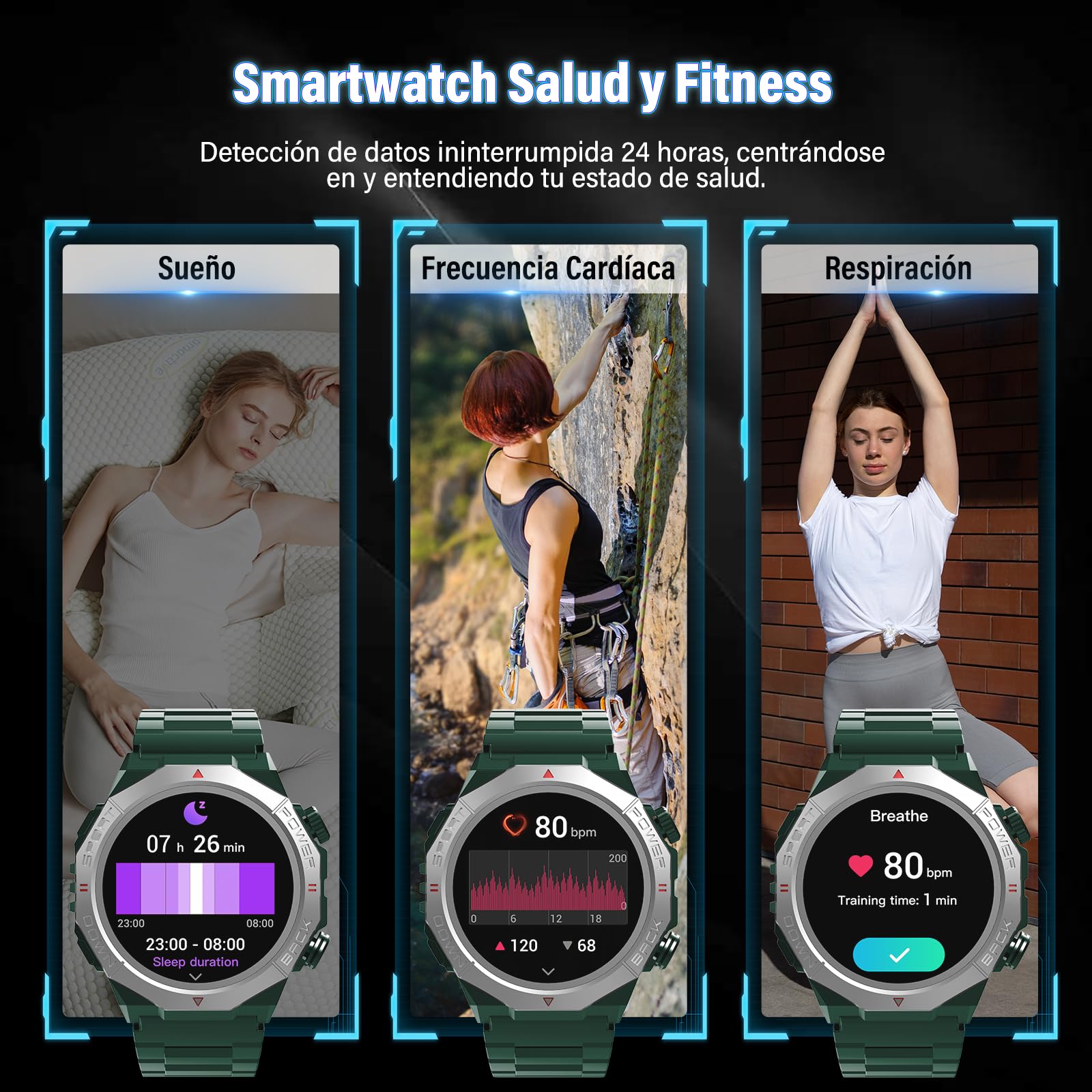Reloj Inteligente Hombre, 1,39" Smartwatch con Llamadas Bluetooth, 110+ Modos Deportes Smart Watch, Podómetro/Monitoreo de Sueño/Pulsómetro, Impermeable IP68 Pulsera Actividad para Android iOS, Verde