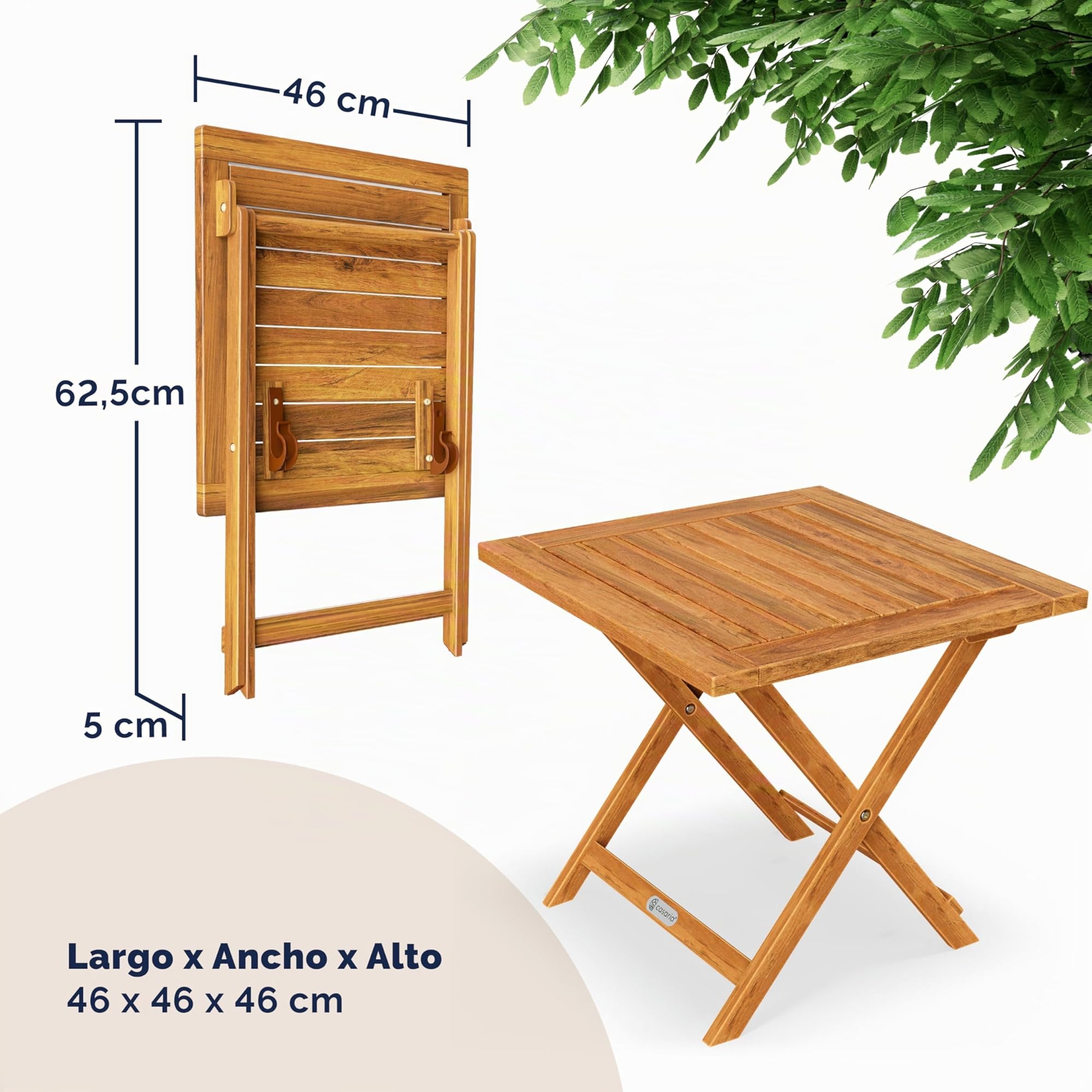 Casaria® Mesita de Jardín de Madera de Acacia 46x46cm Carga hasta 80kg Estable Resistente Intemperie Mesa Auxiliar Plegable Exterior Balcón Terraza Patio
