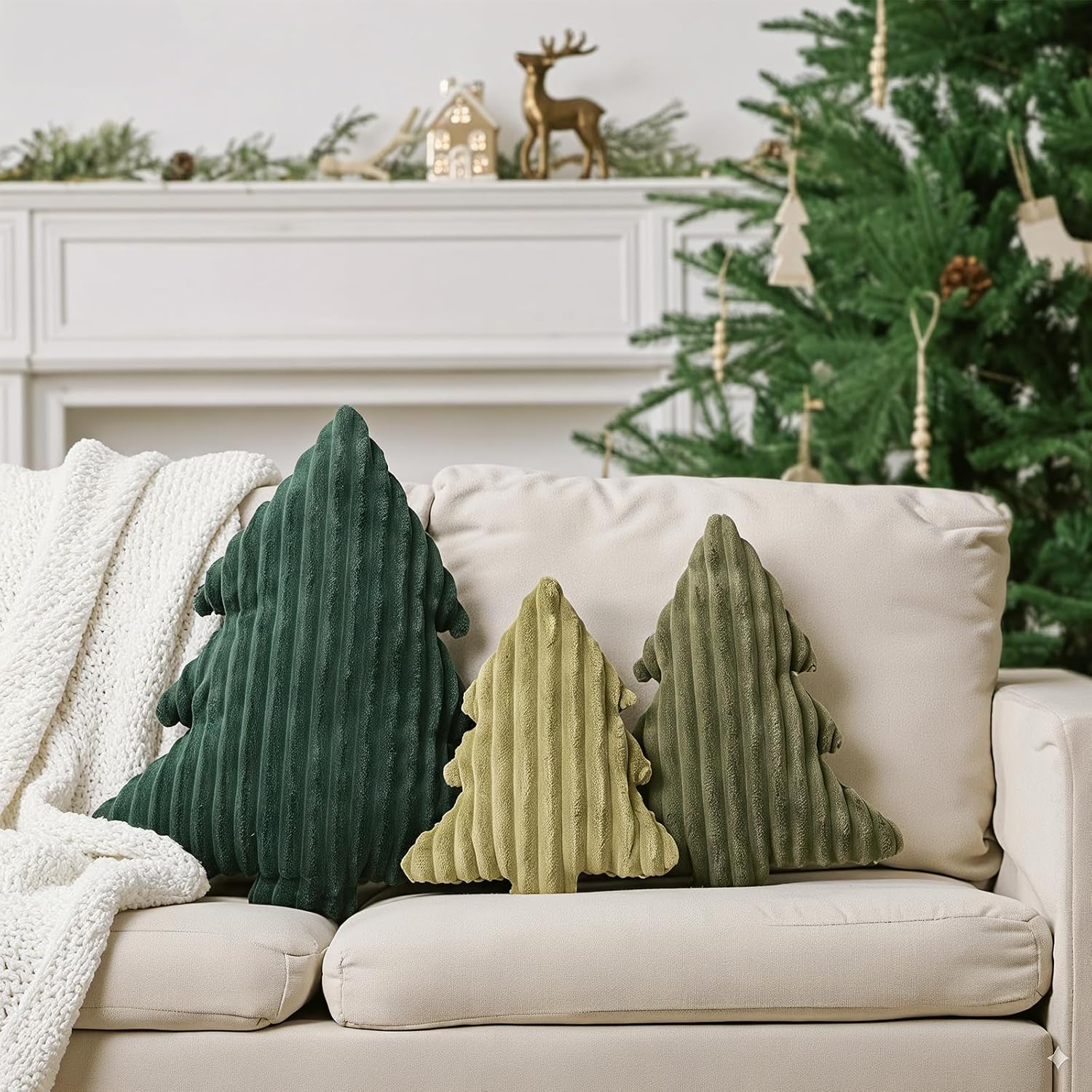 Christmas Decorations Plush Throw Pillows: Set of 3 Soft Green Velet Christmas Tree Shaped Pillow, Cute Rustic Stuffed Cushion Xmas Decor Indoor for Kids Home Sofa Bed Couch Office Couch Living Room