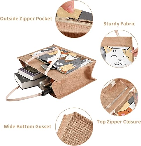 Miniatura 3 de CaTaKu Divertidas bolsas de yute con asas y cremallera para gatos, bolsas de arpillera reutilizables con bolsillo frontal de lona, bolsas de regalo