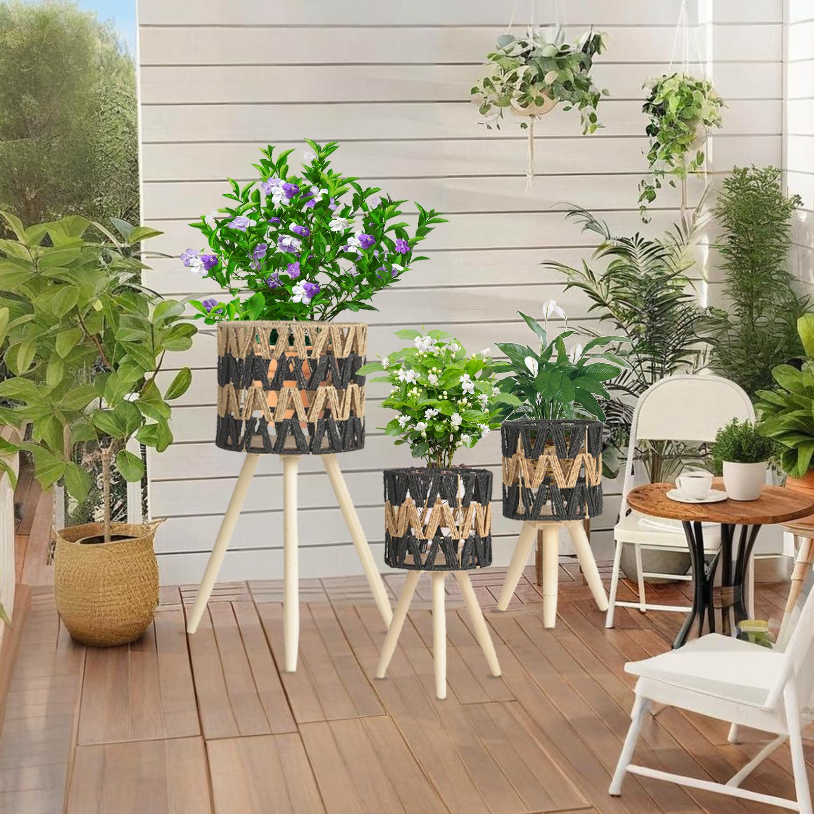 Tissting Pflanzenständer Imitation Rattan Blumenständer, 3er Set Holz Dreieck Blumenhocker Pflanzenhocker Deko Hocker für Innen Balkon Wohnzimmer Deko 15/20/25cm