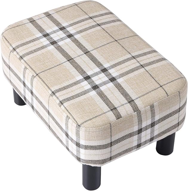 IBUYKE 42CM Small Footstool, Linen Fabric Pouf, with Padded Seat Pine Wood Legs Rectangular Stool, Small Under Desk Footrest, Pet Steps Dog Stairs for High Beds and sofa, Stripes RF-BD215