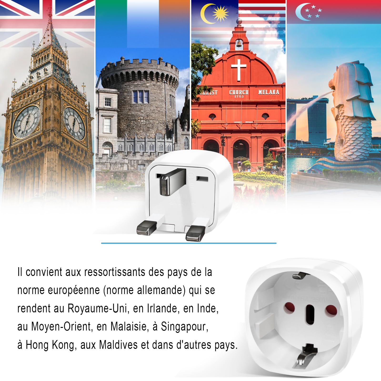 Adaptateur Prise Anglaise Type G, Adaptateur de Voyage France vers UK, 2 Pièces, Blanc
