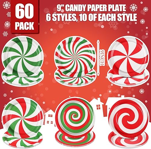 Miniatura 2 de Umigy 60 platos de papel de caramelo de Navidad de 9 pulgadas, platos desechables rojos y verdes de menta, lindos platos de postre de menta, platos