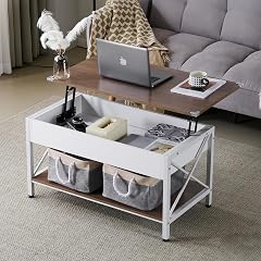 VINGLI 36 Lift Top Coffee Table with Free Cloth Storage Bins White Walnut Framhouse Coffee Tables for Living