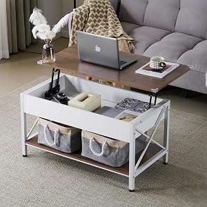VINGLI 36 Lift Top Coffee Table with Free Cloth Storage Bins White Walnut Framhouse Coffee Tables for Living