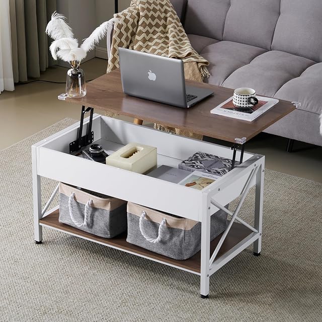 VINGLI 36 Lift Top Coffee Table with Free Cloth Storage Bins White Walnut Framhouse Coffee Tables for Living