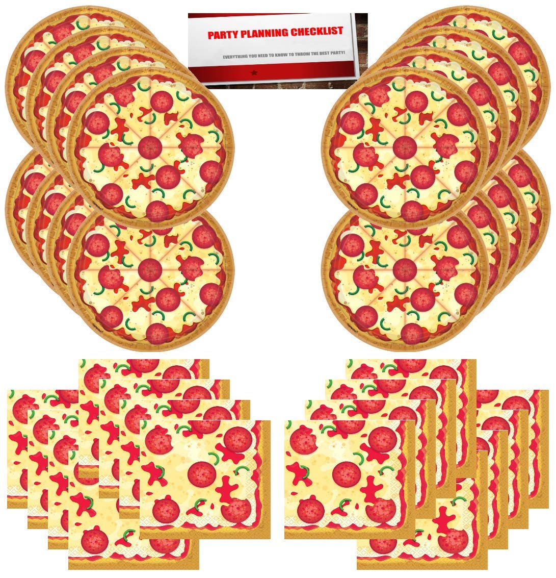 Pizza Party Supplies Bundle Pack for 16 Guests (Plus Party Planning Checklist by Mikes Super Store)