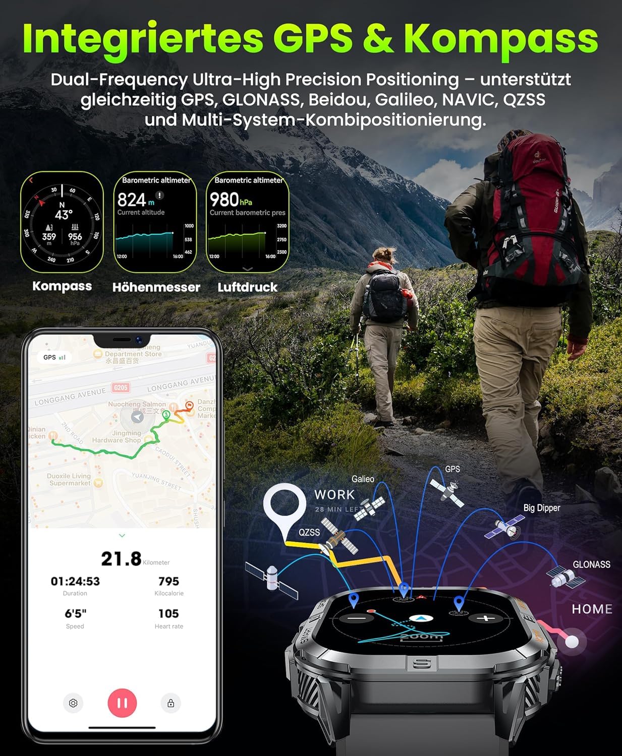 GPS Montre Connectée Homme, 2,13" AMOLED Militaire Smartwatch avec Torche LED/Boussole/100+ Modes Sportifs/580mAh Batterie/Surveillance Santé/Appels Bluetooth pour Android iOS