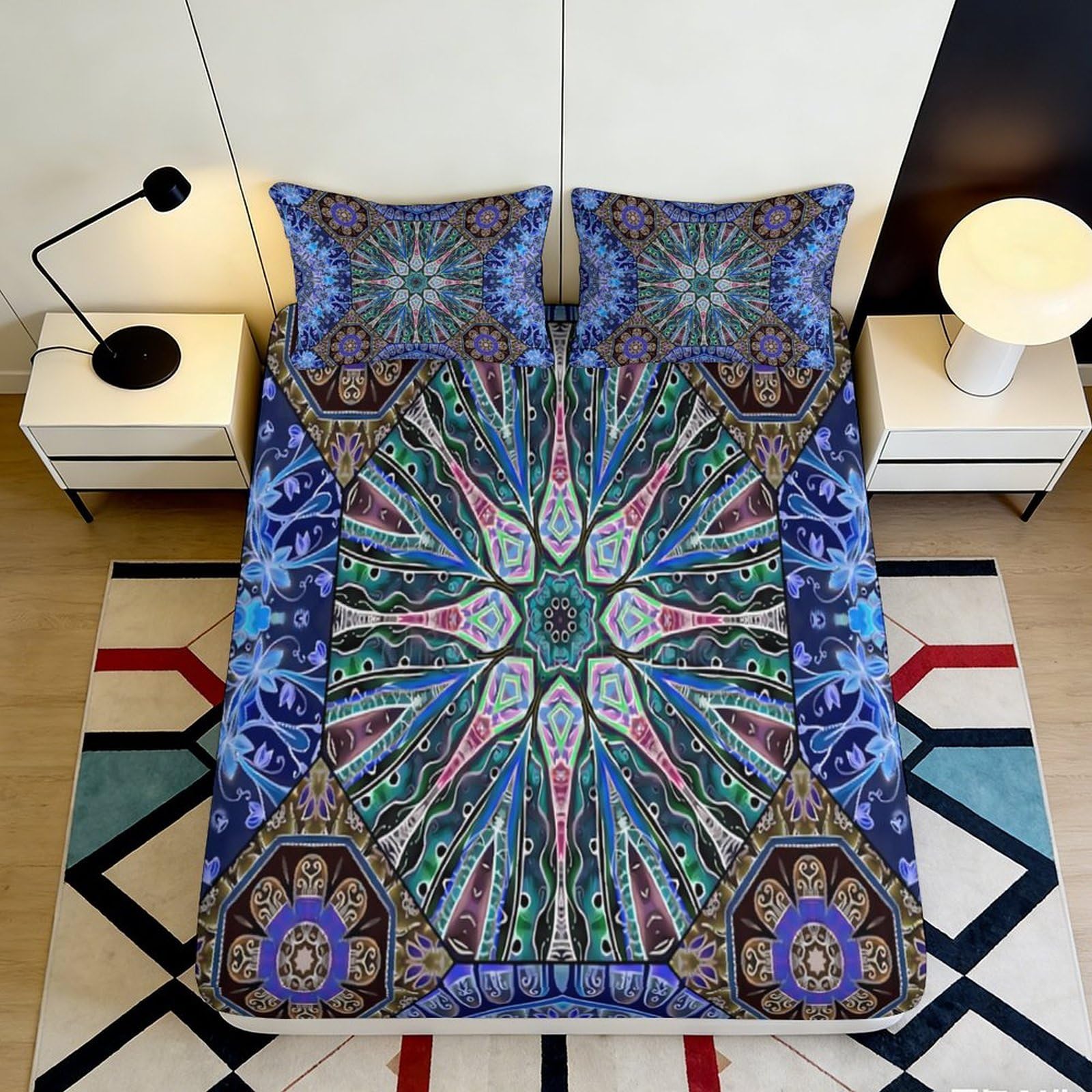 3D Printed Kaleidoscope Pattern Fitted Sheet Microfiber Soft Breathable Mandala Design Mattress Cover for Bedroom Dormitory Guest Room Mattress Protection Decor 160x200x25cm