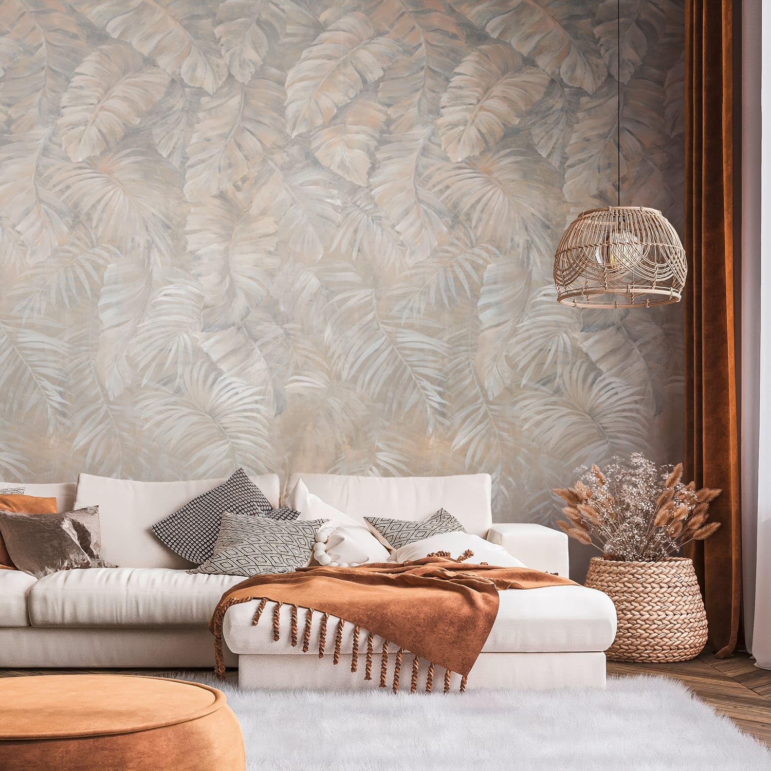 Profhome Papel pintado palmeras 392621-GU papel pintado no tejido marrón gris blanco-crema beige mural fotográfico 0,53 m x 8,80 m / 4,45 m2
