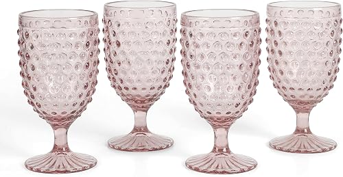 Martha Stewart Chauncey 4-Pack 14.2 oz Hobnail Handmade Glass Goblet - Pink