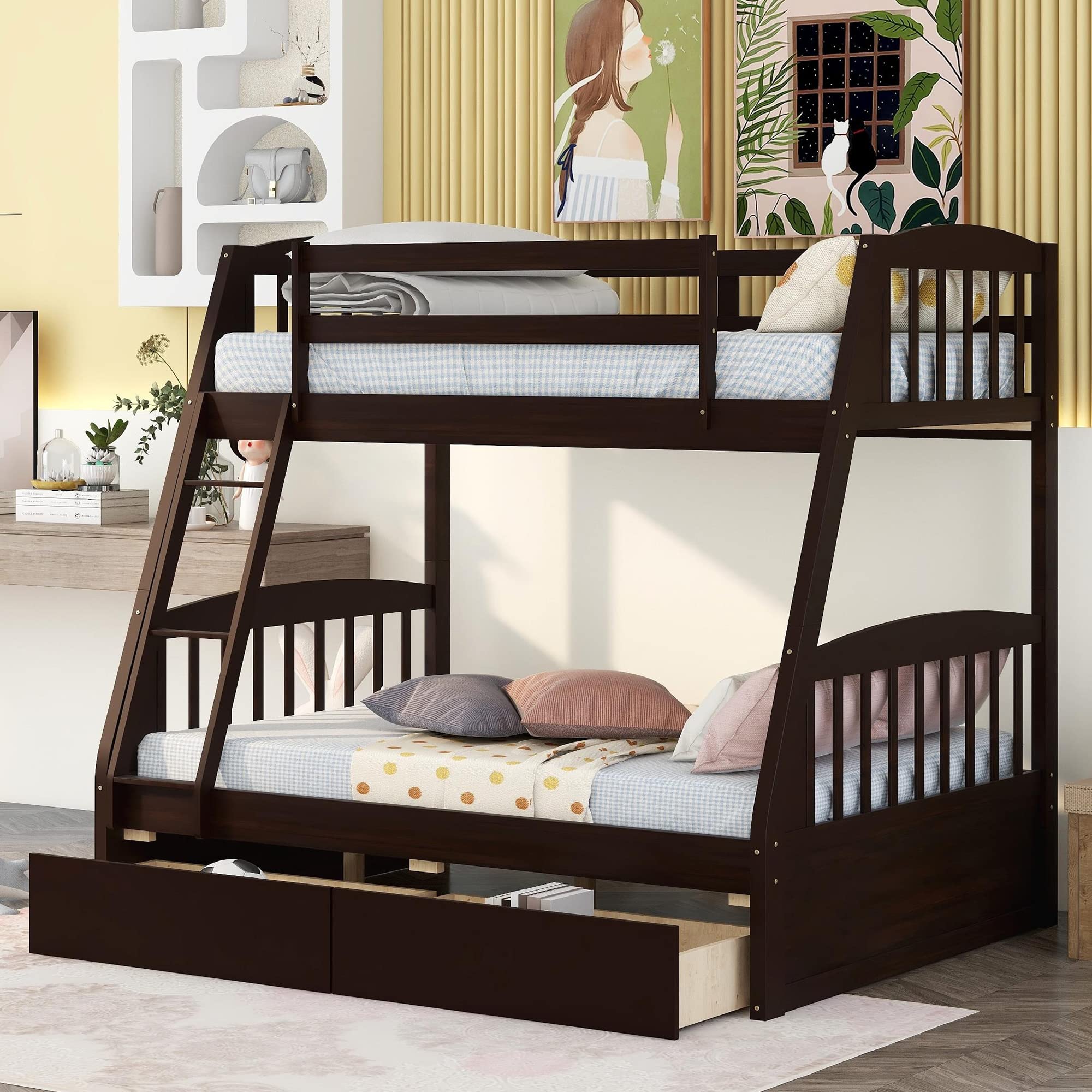 Amazon.com: Harper & Bright Designs Twin Over Full Bunk Beds , Twin Over  Full Bunk Bed with Drawers, Wood Bunk Beds for Kids, Teens, Adults, Bunk Bed  Convertible to 2 Separated Beds ,