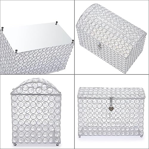 Miniatura 8 de ELLDOO Caja de tarjetas de boda de cristal con cerradura de corazón, caja de tarjetas de dinero, estilo cofre del tesoro, regalo plateado para