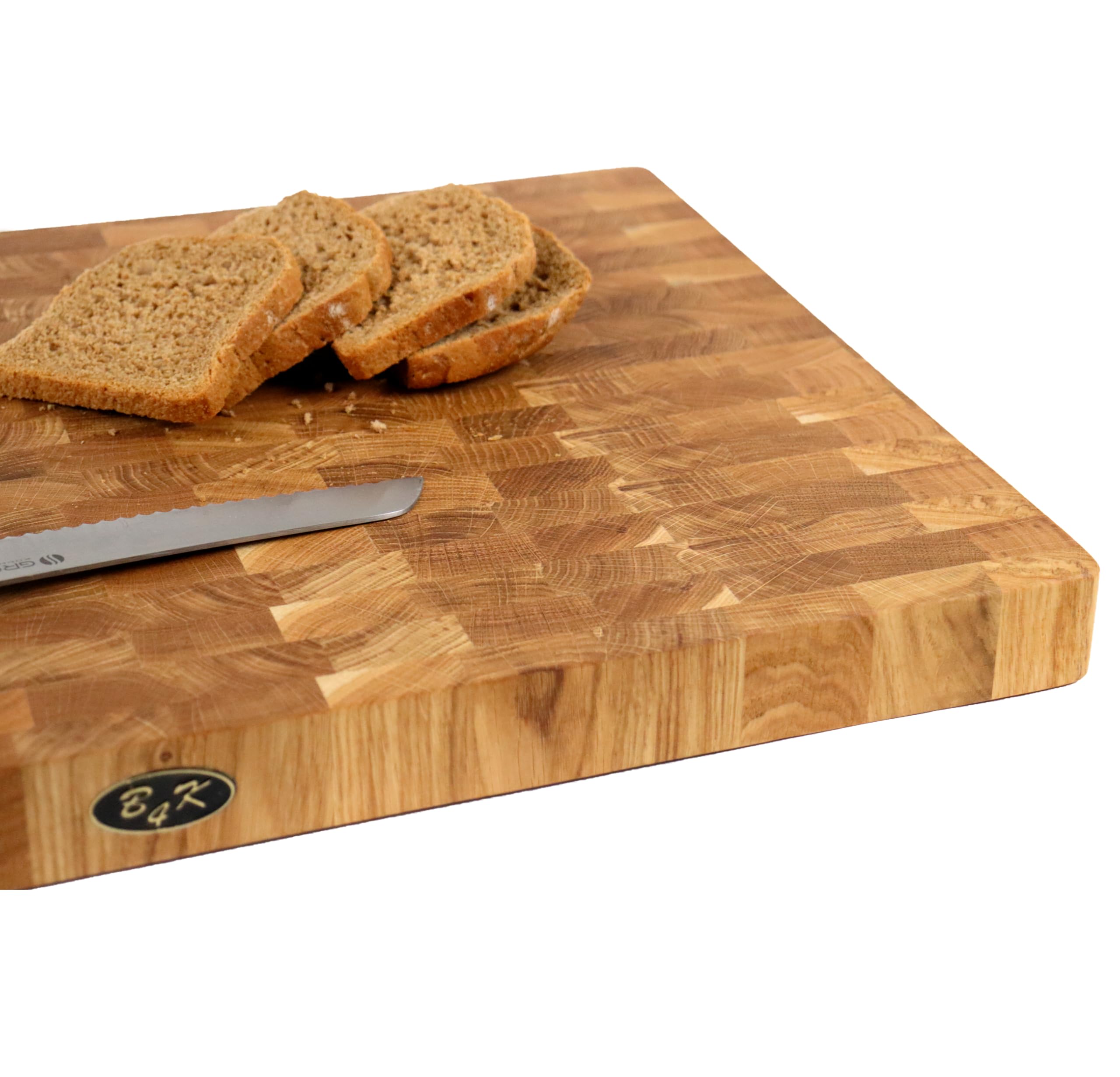 B4K® Schneidebrett aus Eiche Stirnholz 60 × 40 × 4 cm | Massiver Hackblock aus Hirnholz, Mit Griffen & Silikonfüßen, Antibakteriell, Messerschonend