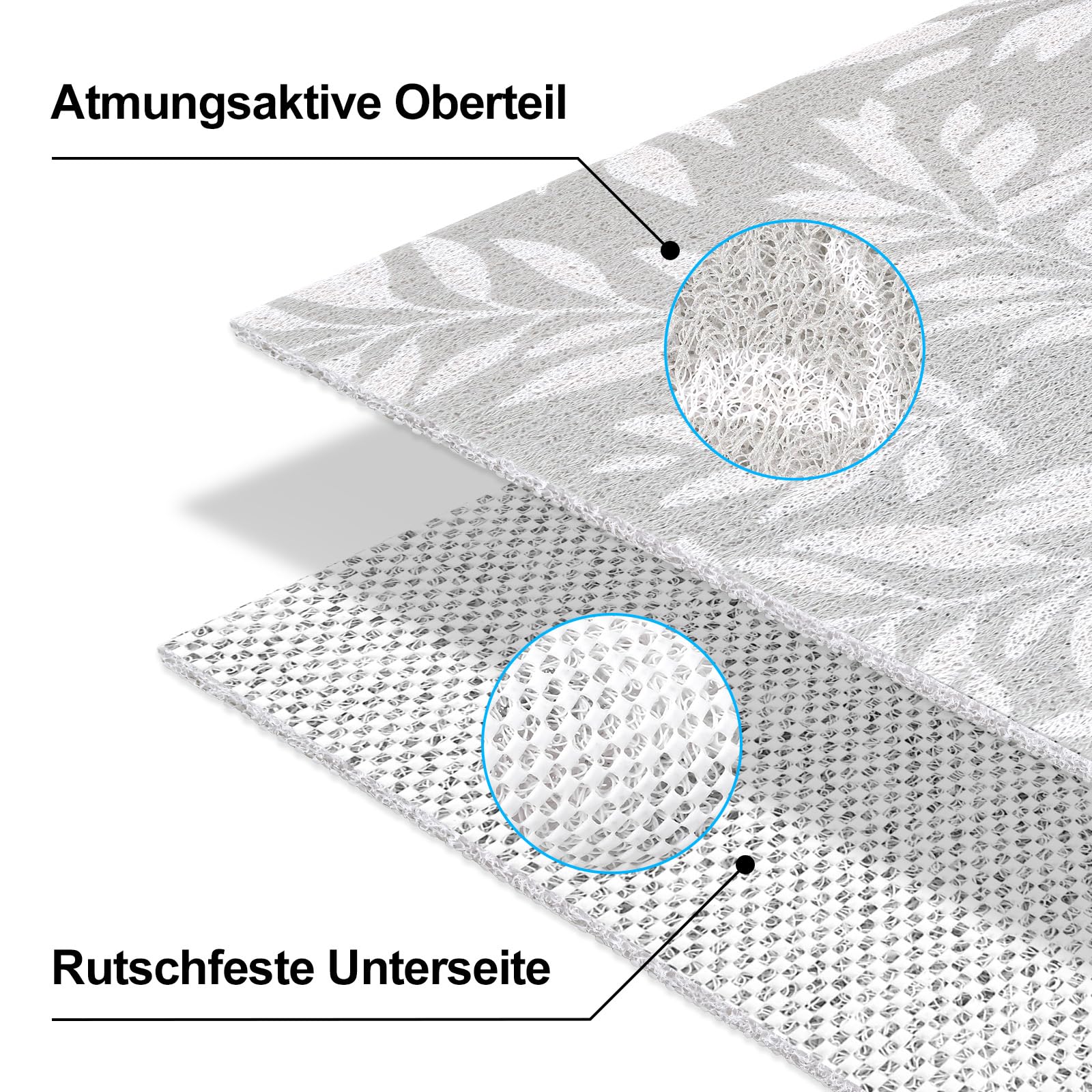 Tapis de douche antidérapant 80 x 80 cm, en PVC, uffa avec trous de drainage, doux, confortable, sécurité, séchage rapide, feuilles grises, 80 x 80 cm (carré)