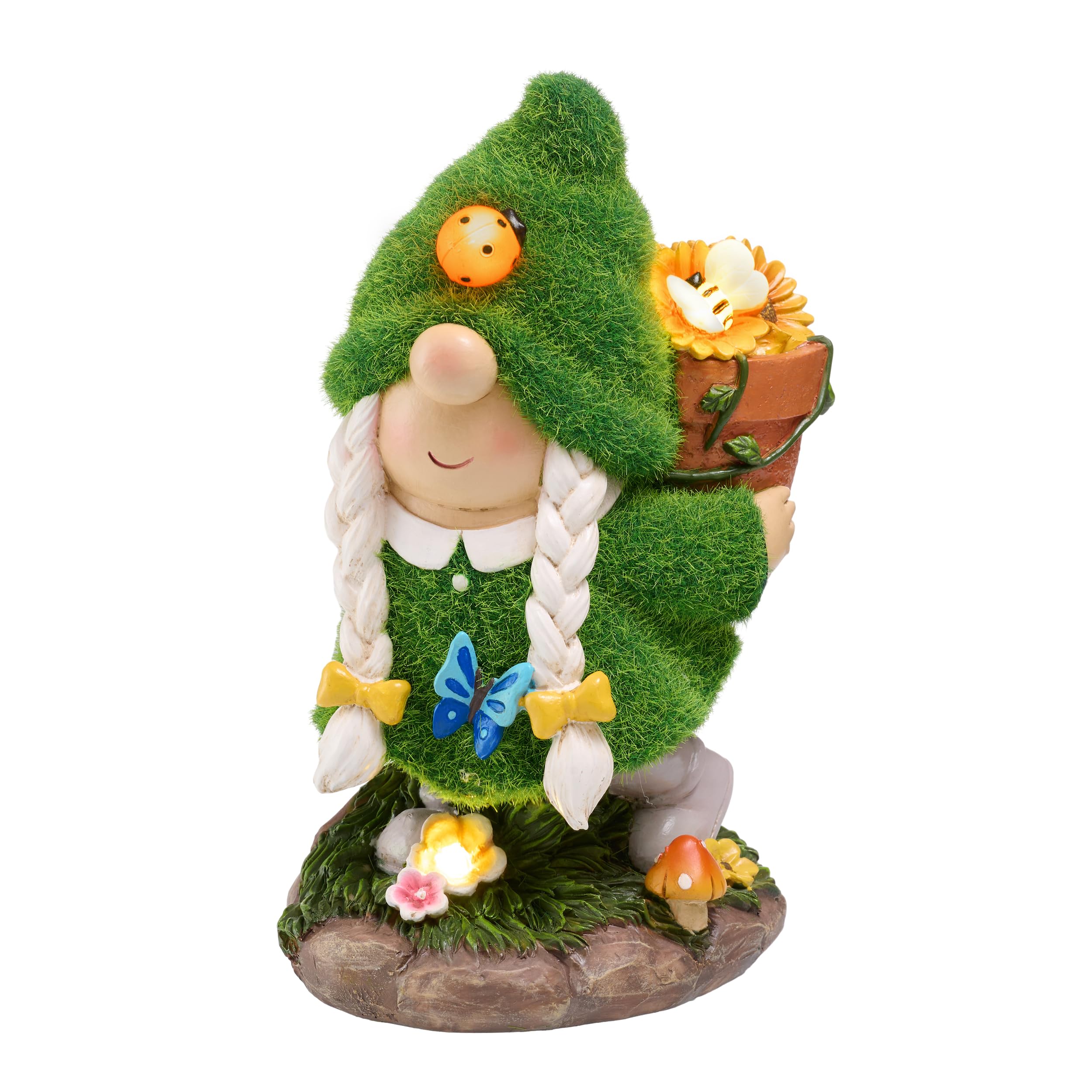 TERESA'S COLLECTIONS Gartenzwerge Gartendeko für Draußen,20cm Wetterfest Figur mit Solarleuchte,Blumenpflücken Gartenfiguren draußen aus Kunstharz,Garten Deko Solar