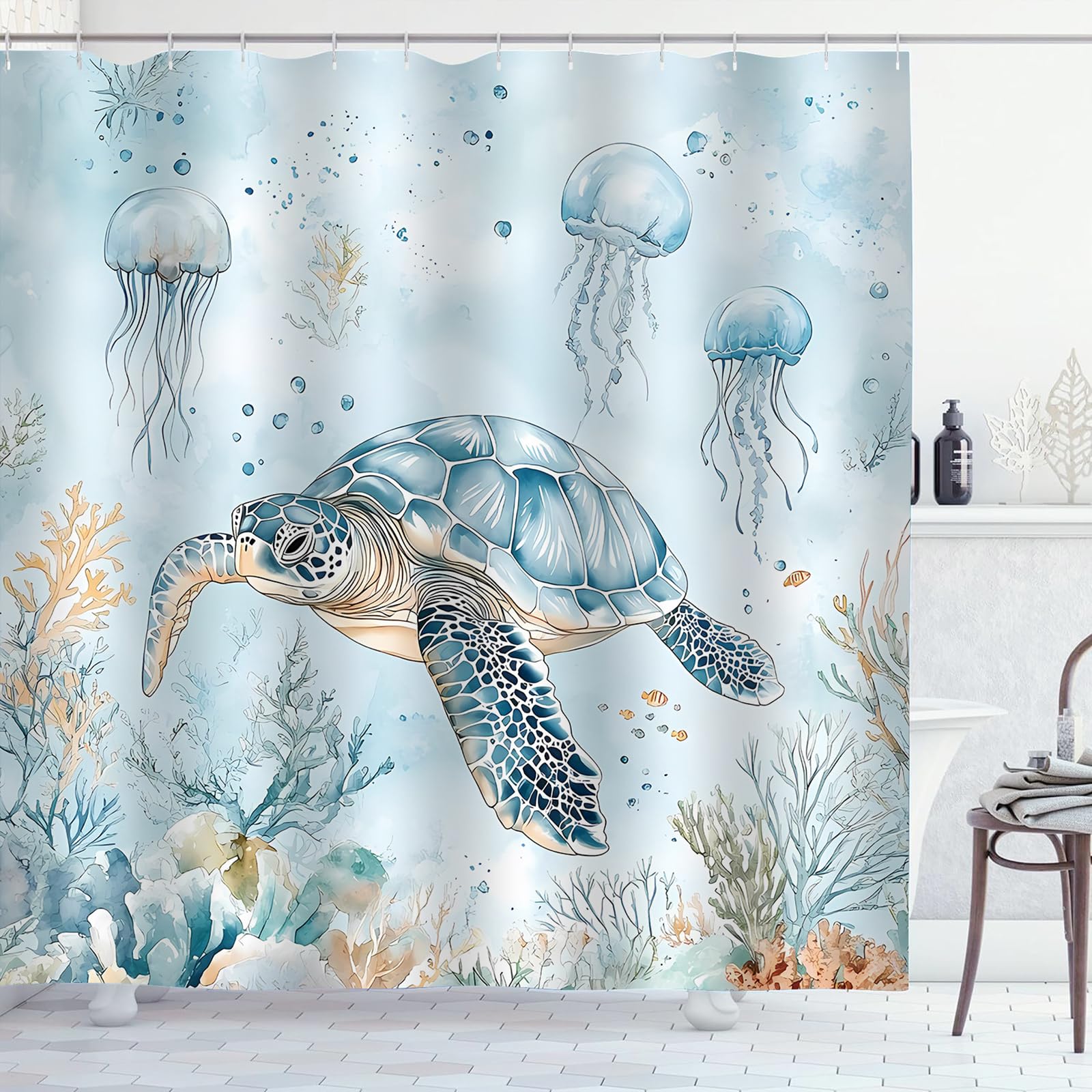 Aqrbeci Sea Turtle Shower Curtain, Teal Blue Ocean Beach Coastal Turtle Jellyfish Shower Curtains for Bathroom Waterproof Fabric Bath Curtains 72x72