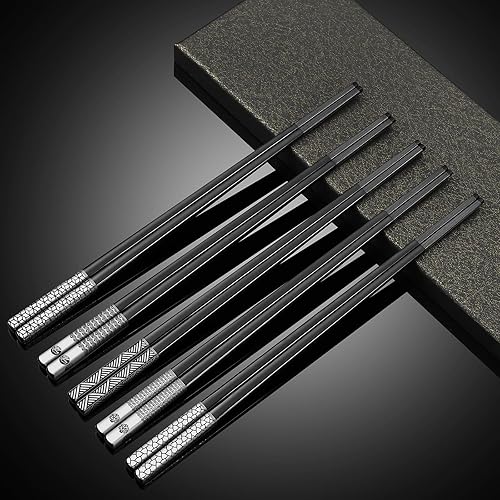 Miniatura 7 de Juego de palillos de acero inoxidable, 5 pares de palillos de metal reutilizables 188 aptos para lavavajillas, puntas antideslizantes grabadas con