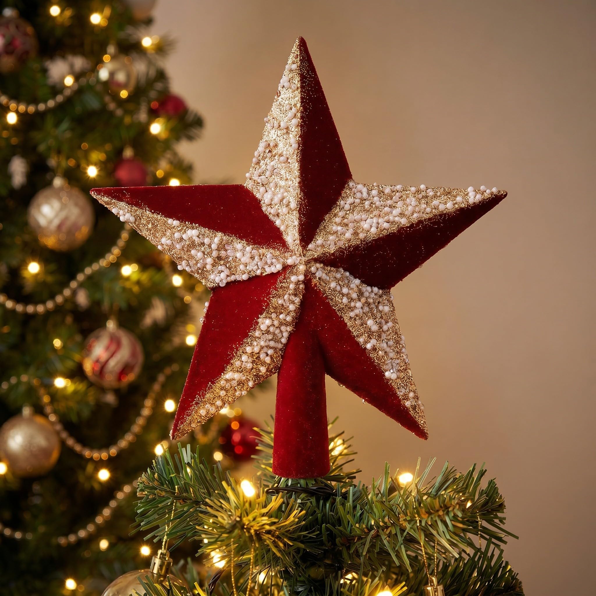 Étoile rouge pailletée pour cime de sapin de Noël, 19,5 cm avec détails | PS Plastique et finition floquée Douille de montage 2 cm pour sapin de Noël, fêtes, maisons et présentations saisonnières