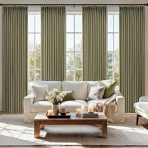MIULEE Pinch Pleated Thick Linen Curtains 102 Inch 4 Panels Set Back Tab Memory Trained Pinch Pleat Semi Sheer Light Filtering Curtains Let Light in Window Drapes for Living Room Bedroom Olive Green