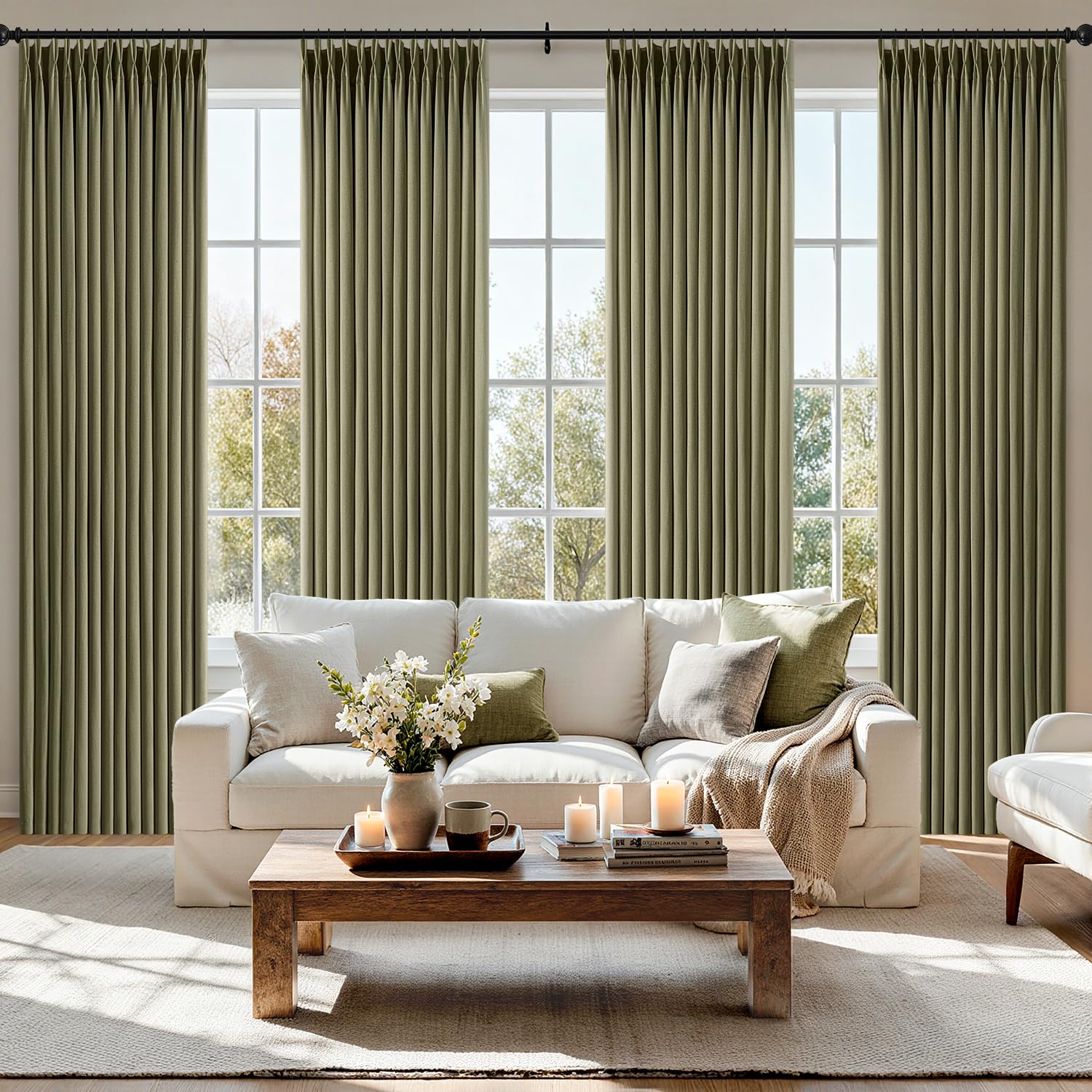 Photo 1 of MIULEE Pinch Pleated Thick Linen Curtains 96 Inch 4 Panels Set Back Tab Memory Trained Pinch Pleat Semi Sheer Light Filtering Curtains Let Light in Window Drapes for Living Room Bedroom Olive Green