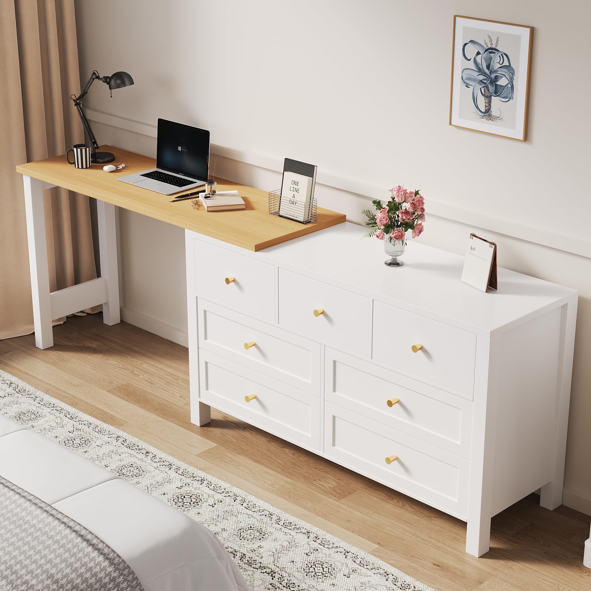 Scrivania con 7 cassetti, 2 in 1, piano girevole e credenza, effetto rovere, piano girevole a 360°, bianco/naturale, scrivania da toeletta, scrivania angolare a forma di L
