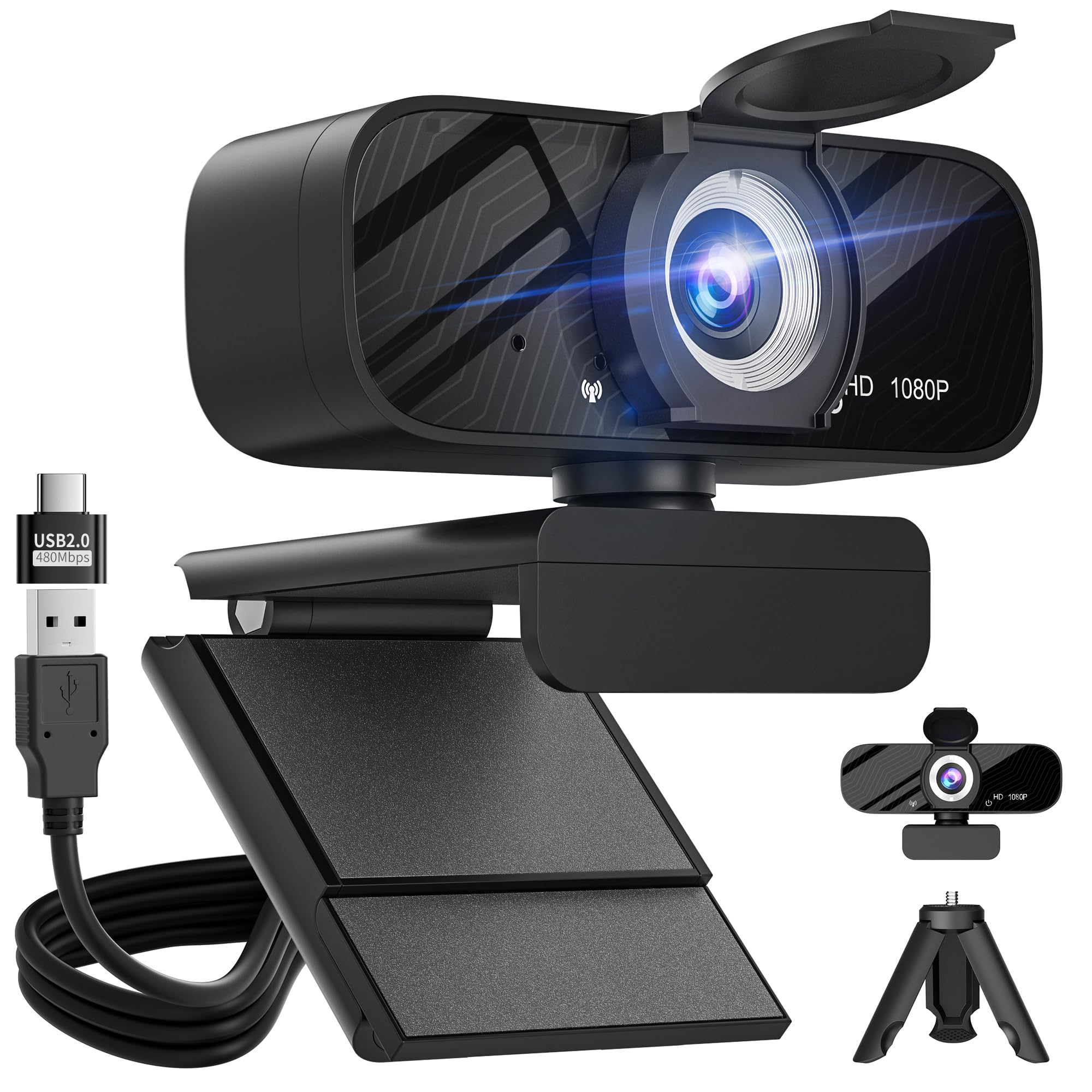 Gohero Full HD 1080P Videowebcam, Geräuschunterdrückung, Privatsphärenverschluss, Weitwinkelobjektiv, Plug-and-Play USB-Webcam für Laptop, Desktop, PC, Mac, Zoom, Skype Pro-Serie