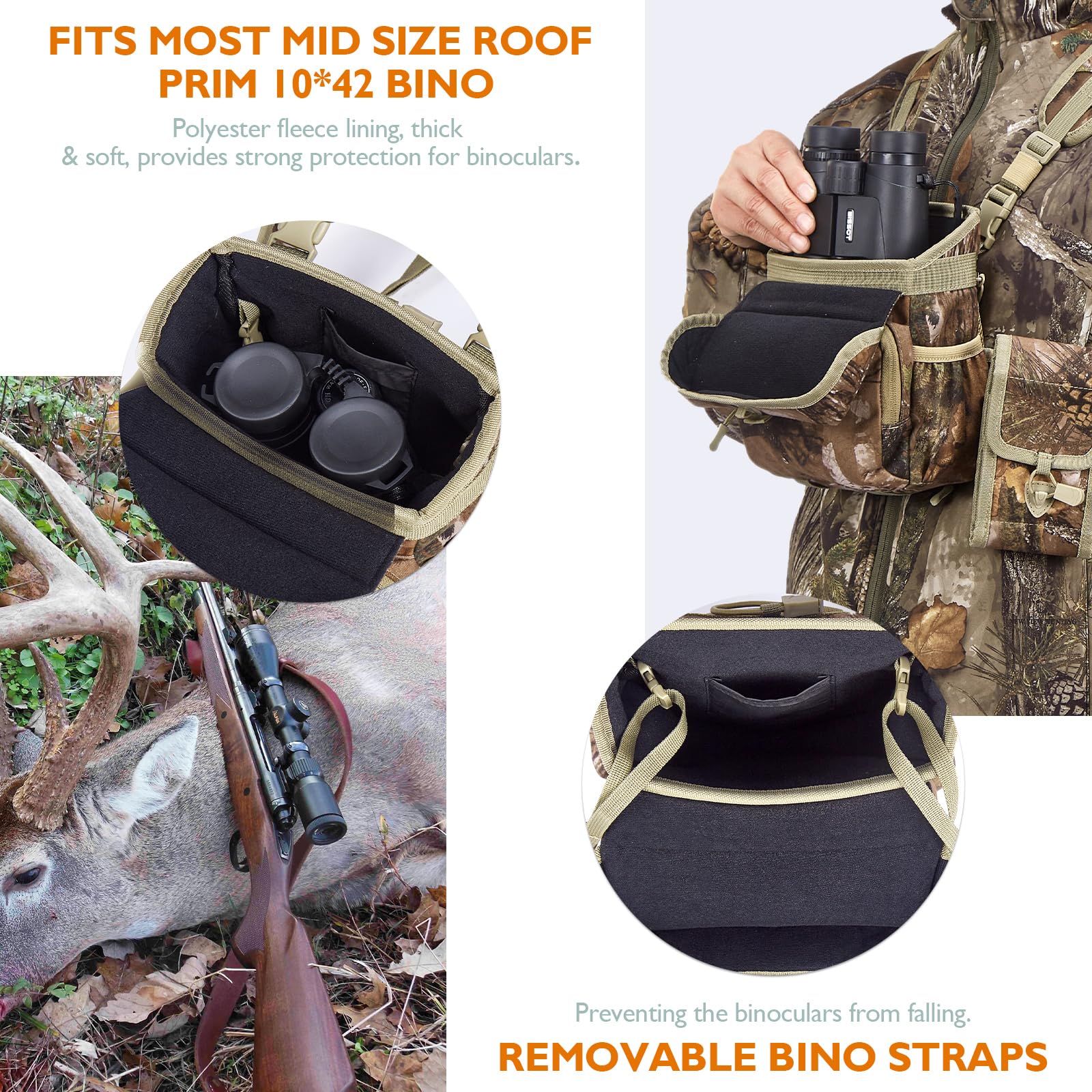 NewView Arnés Binocular para Pecho con Bolsa de telémetro Desmontable, Correa bino Ajustable y Protector de Lluvia, Ideal para Caza, Senderismo y observación de Aves, M, Camuflaje, Camuflaje